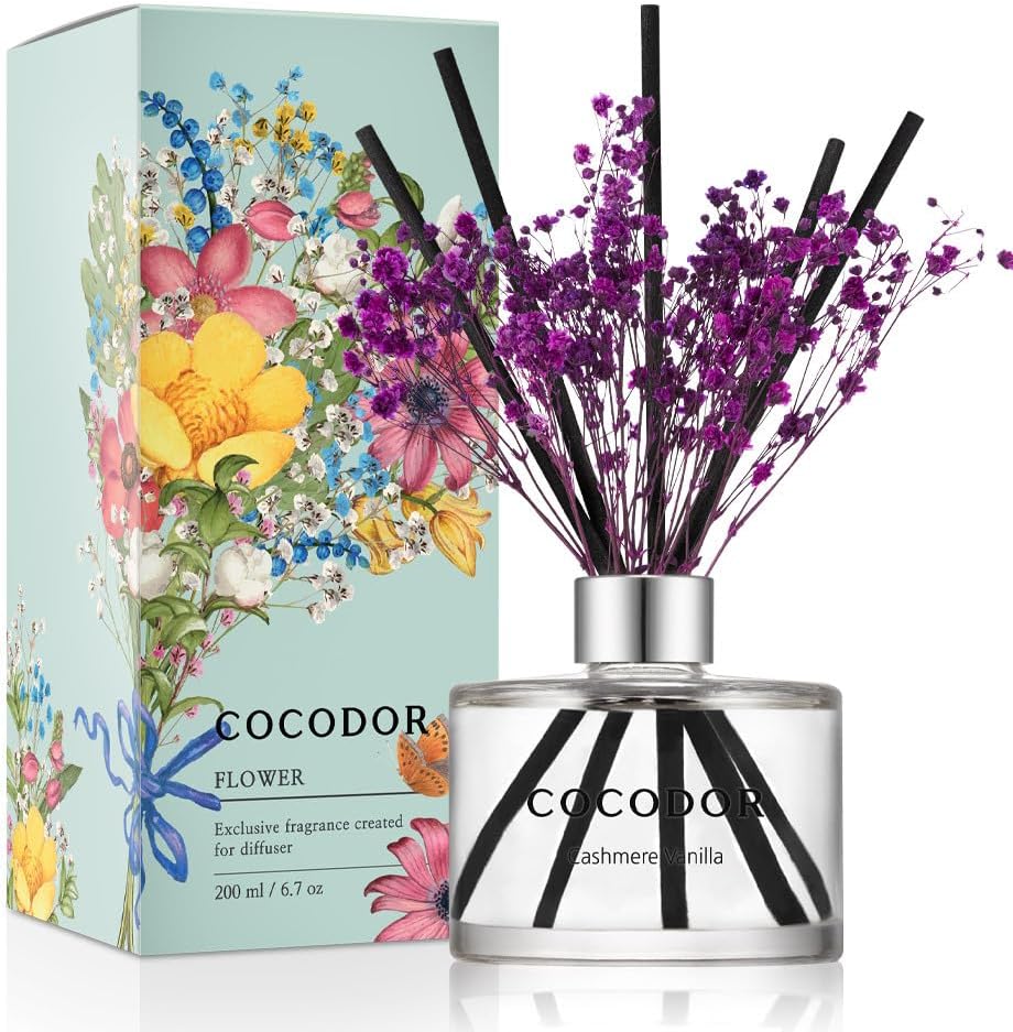 COCODOR Flower Reed Diffuser Set / 6.7oz / White Jasmine/Scent Diffuser with Sticks Home Fragrance Reed Diffuser for Bathroom Shelf Decor