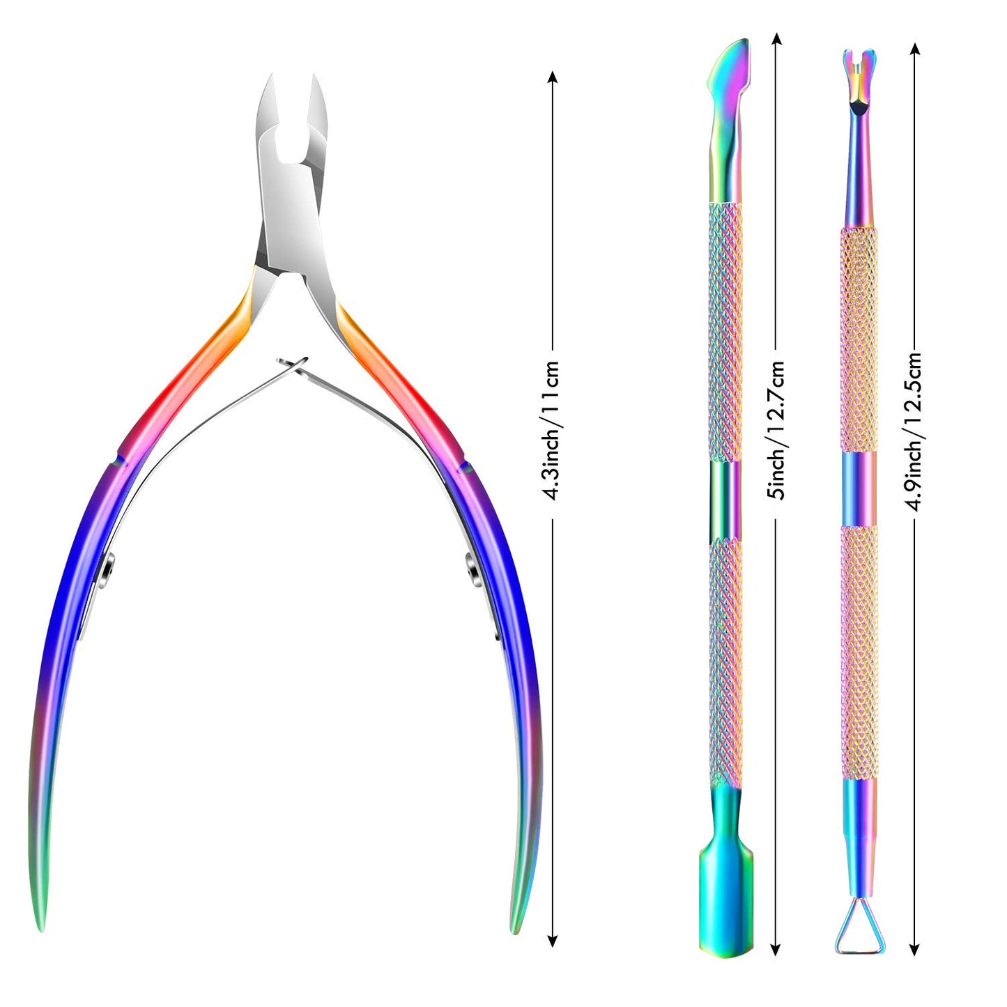 3-Piece Rainbow Cuticle Care Kit – Precision Trimmer, Dual-Head Pusher & Scraper | Surgical-Grade Stainless Steel
