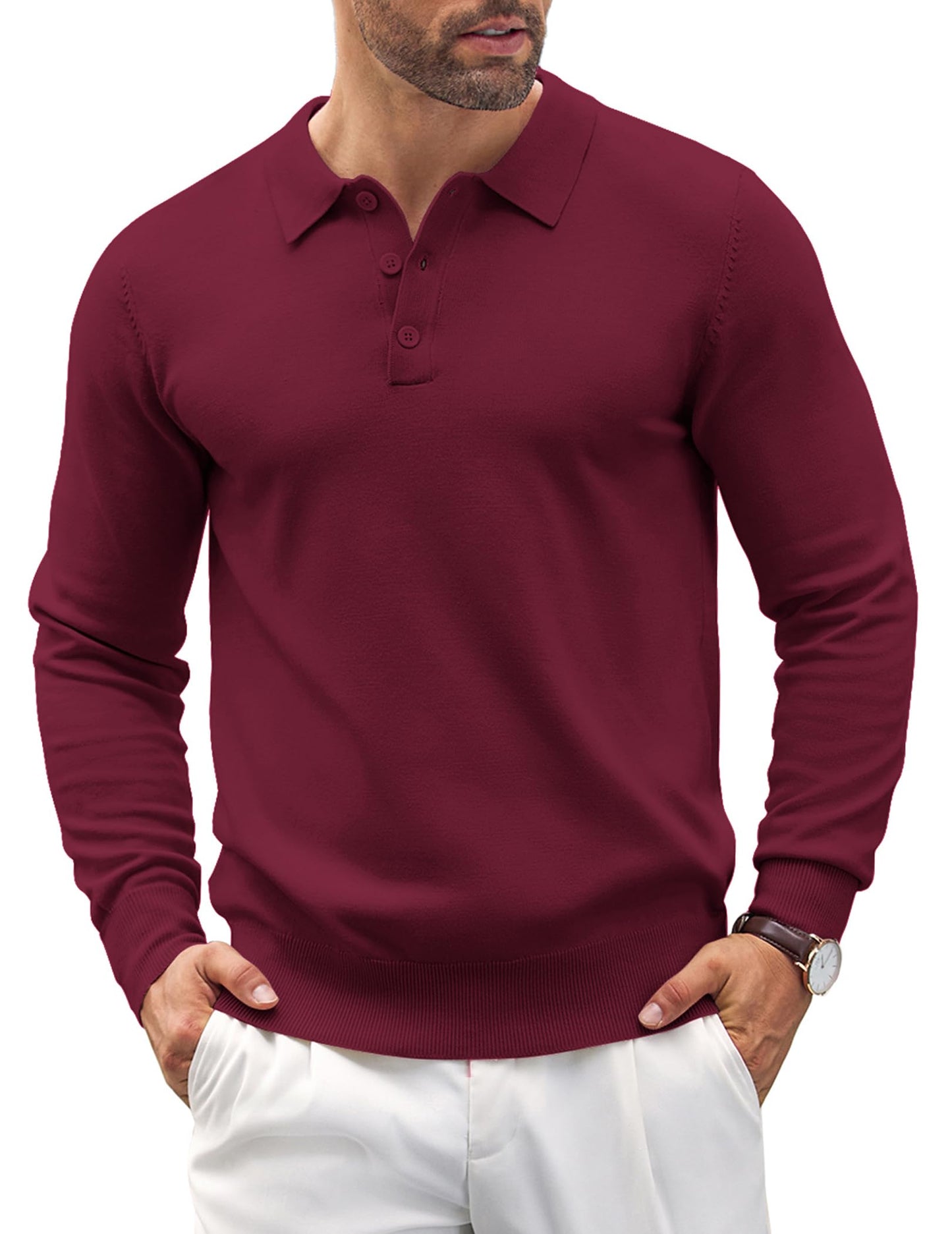 COOFANDY Mens Knit Polo Shirts Casual Long Sleeve Classic Polo Shirts Button Down Golf Shirts