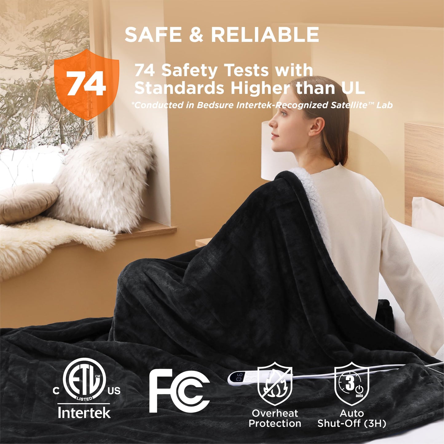 Electric Heated Blanket/Throw - Seamless Flannel Electric Blanket, Heating Blanket with 4 Time Settings & 6 Heat Settings, Warm Blanket Gift for Grandma (50x60 inches, Black)