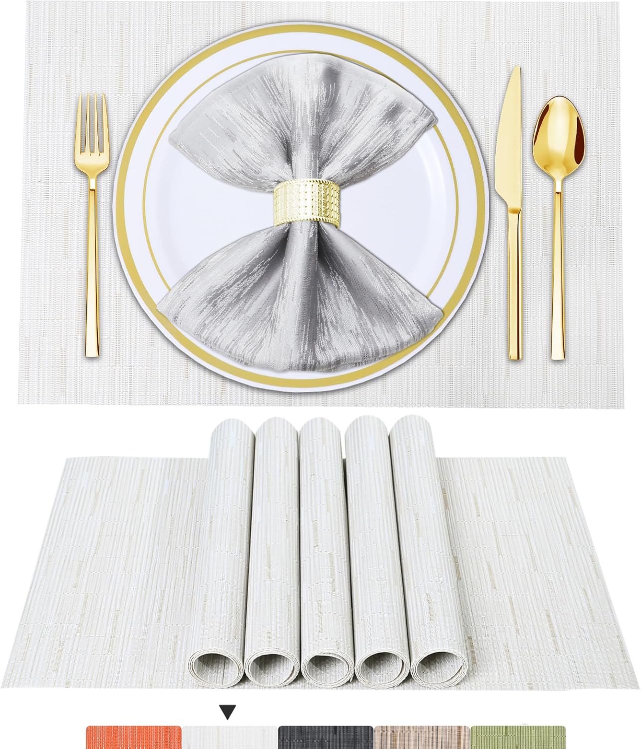 Tischsets 6er-Set, gewebtes Vinyl-Tischset für Esstisch, waschbar, abwischbar, Küchentischsets, strapazierfähige Tischsets für drinnen und draußen, 01 Beige, 6 Stück