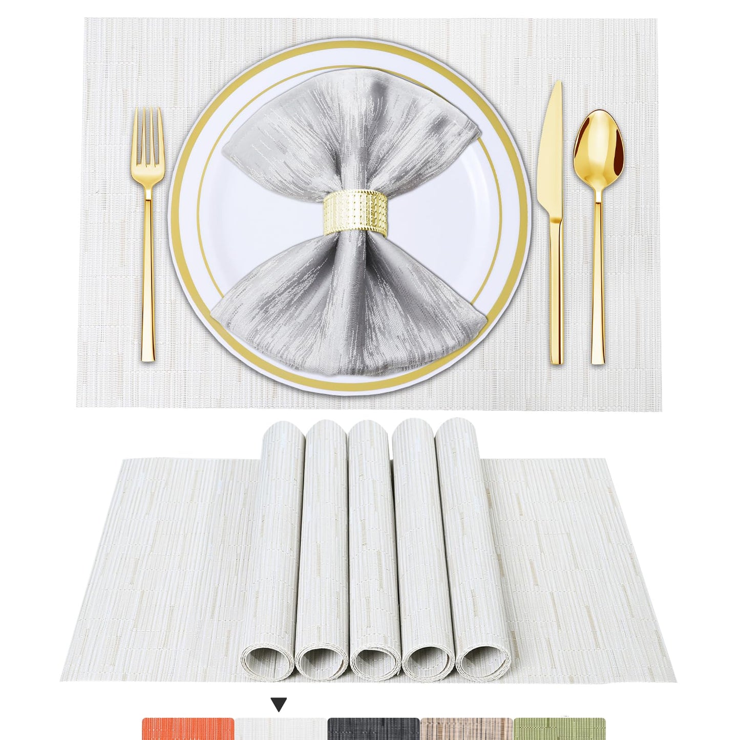 Tischsets 6er-Set, gewebtes Vinyl-Tischset für Esstisch, waschbar, abwischbar, Küchentischsets, strapazierfähige Tischsets für drinnen und draußen, 01 Beige, 6 Stück