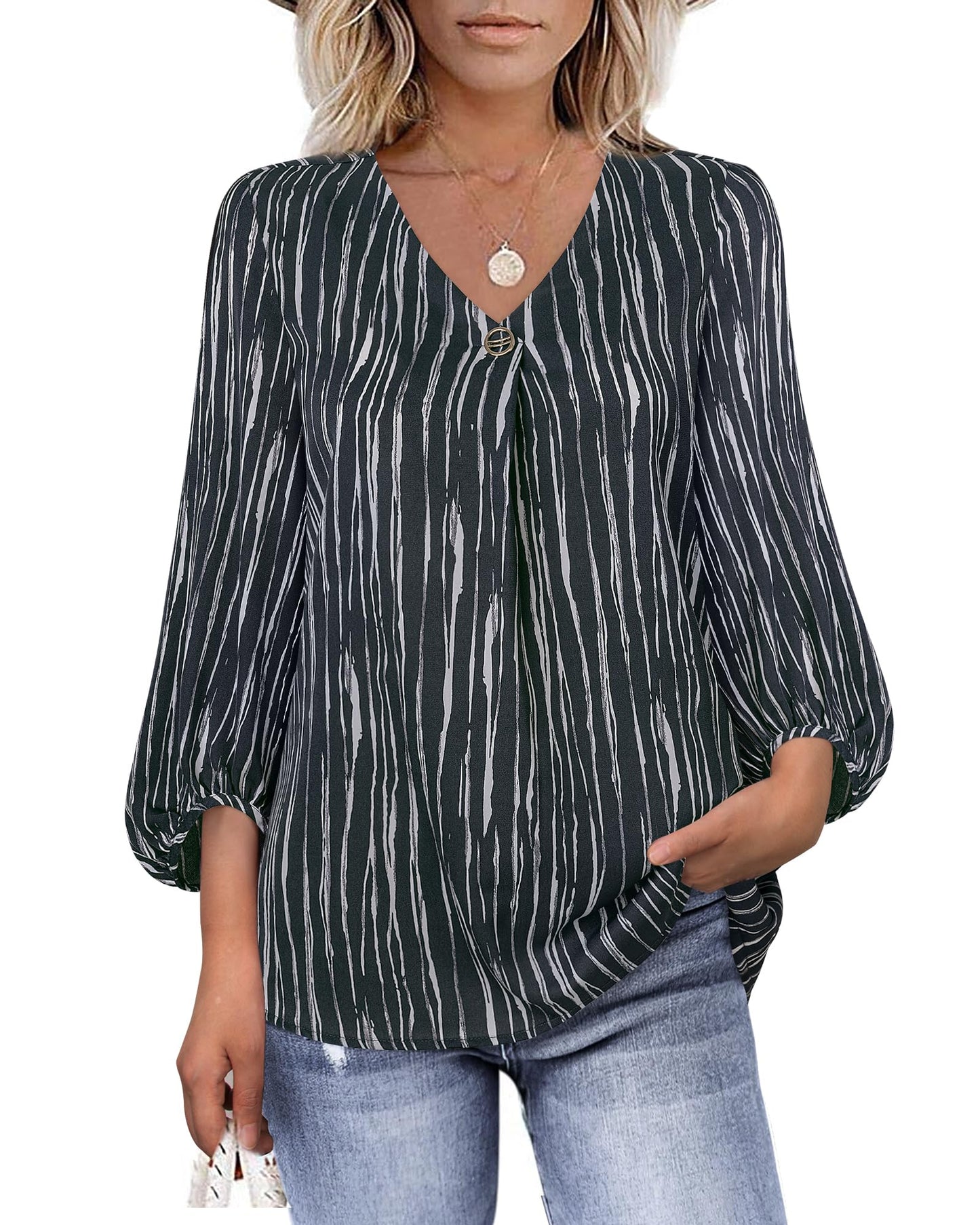 Bebonnie Damen Chiffonbluse mit Laternenmuster, 3/4-Ärmel, lässig, locker, V-Ausschnitt