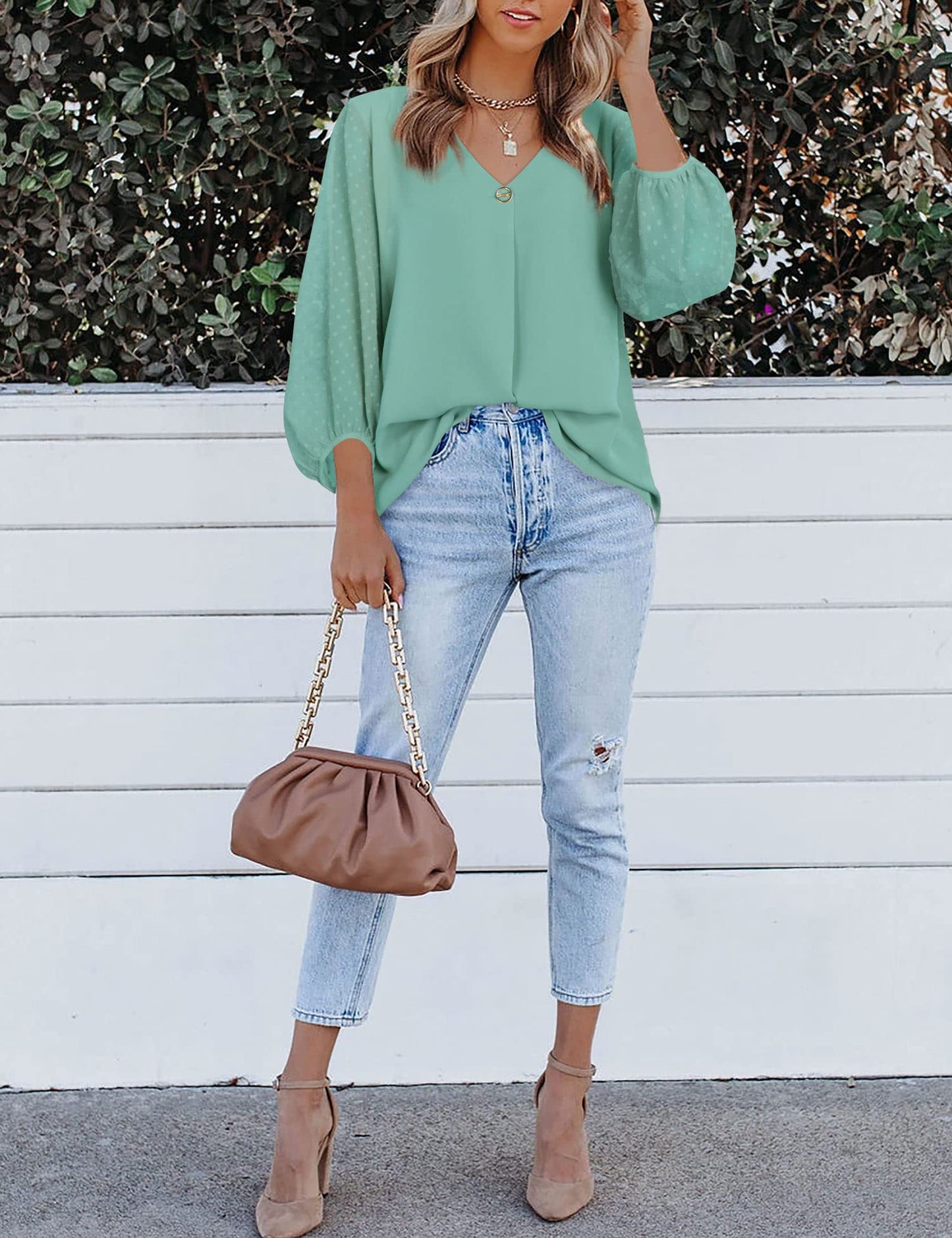 Bebonnie Damen Chiffonbluse mit Laternenmuster, 3/4-Ärmel, lässig, locker, V-Ausschnitt