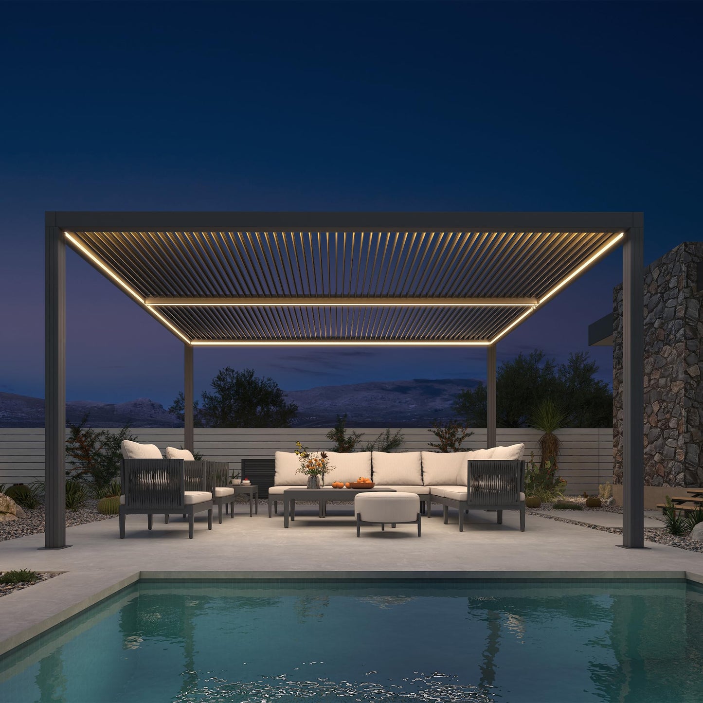 PURPLE LEAF Lamellenpergola 94AS, 3,3 x 4,3 m, Aluminium-Pergola für den Außenbereich mit Sonnenschutz, verstellbarem Dach für Terrasse, Hinterhof, grauer Pavillon mit festem Dach, 1 lange Seite und 2 kurze Seiten