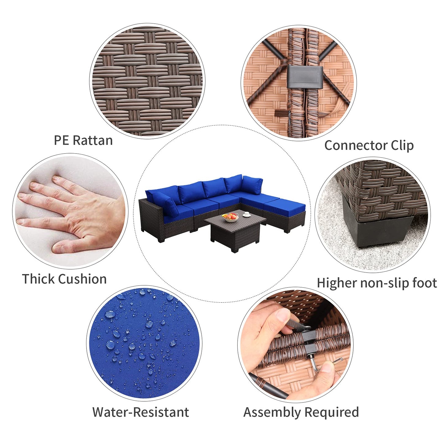 Outdoor Patio Dark Brown Rattan 7 Piece Sectional Set PE Wicker Conversation Sofa with Liftable Storage Table Non-Slip 5" Thick Royal Blue Cushion and Furniture Cover