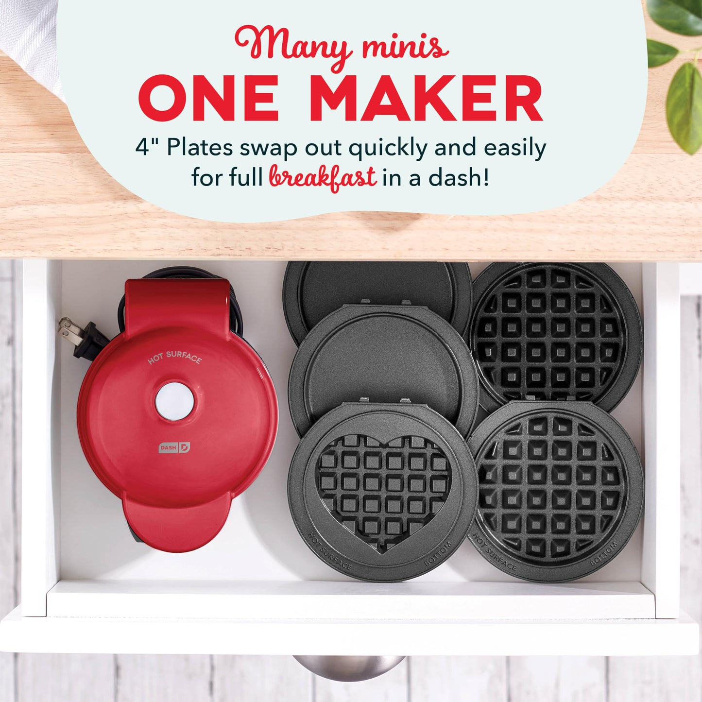 DASH Holiday Multimaker Mini System - Waffle Maker with Six 4” Removable Holiday Plates: Waffle Iron & Griddle, 4-in-1 Mini Waffle Maker for Kids and Families – Nonstick Surface, Santa Waffle (Red)