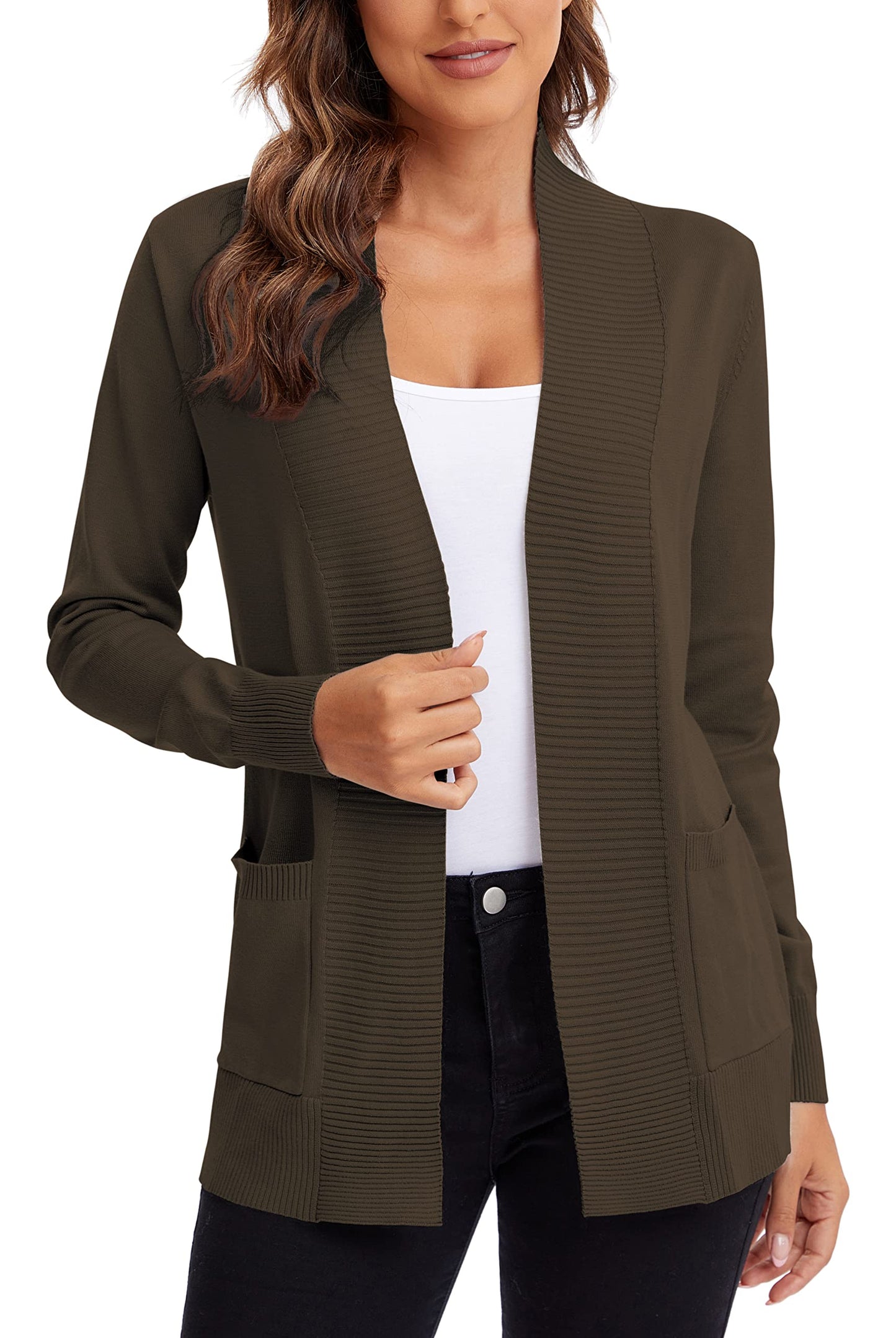 Urban CoCo Leichter Strickjacke für Damen mit offener Vorderseite, lange Ärmel, mit Tasche