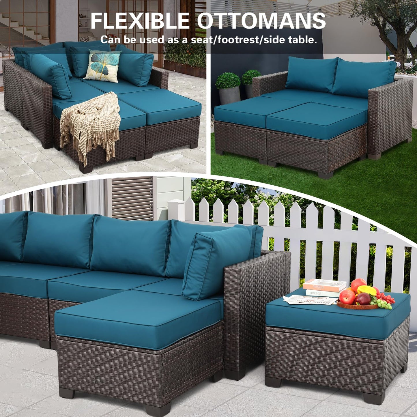 Outdoor Patio Dark Brown Rattan 7 Piece Sectional Set PE Wicker Conversation Sofa with Liftable Storage Table Non-Slip 5" Thick Royal Blue Cushion and Furniture Cover