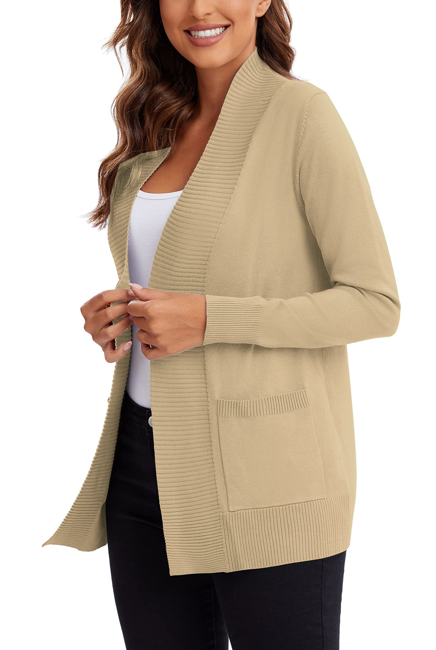Urban CoCo Leichter Strickjacke für Damen mit offener Vorderseite, lange Ärmel, mit Tasche