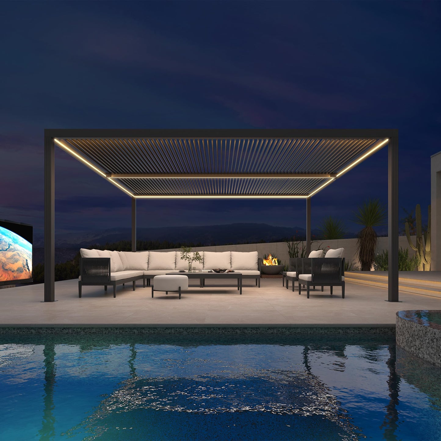 PURPLE LEAF Lamellenpergola 94AS, 3,3 x 4,3 m, Aluminium-Pergola für den Außenbereich mit Sonnenschutz, verstellbarem Dach für Terrasse, Hinterhof, grauer Pavillon mit festem Dach, 1 lange Seite und 2 kurze Seiten