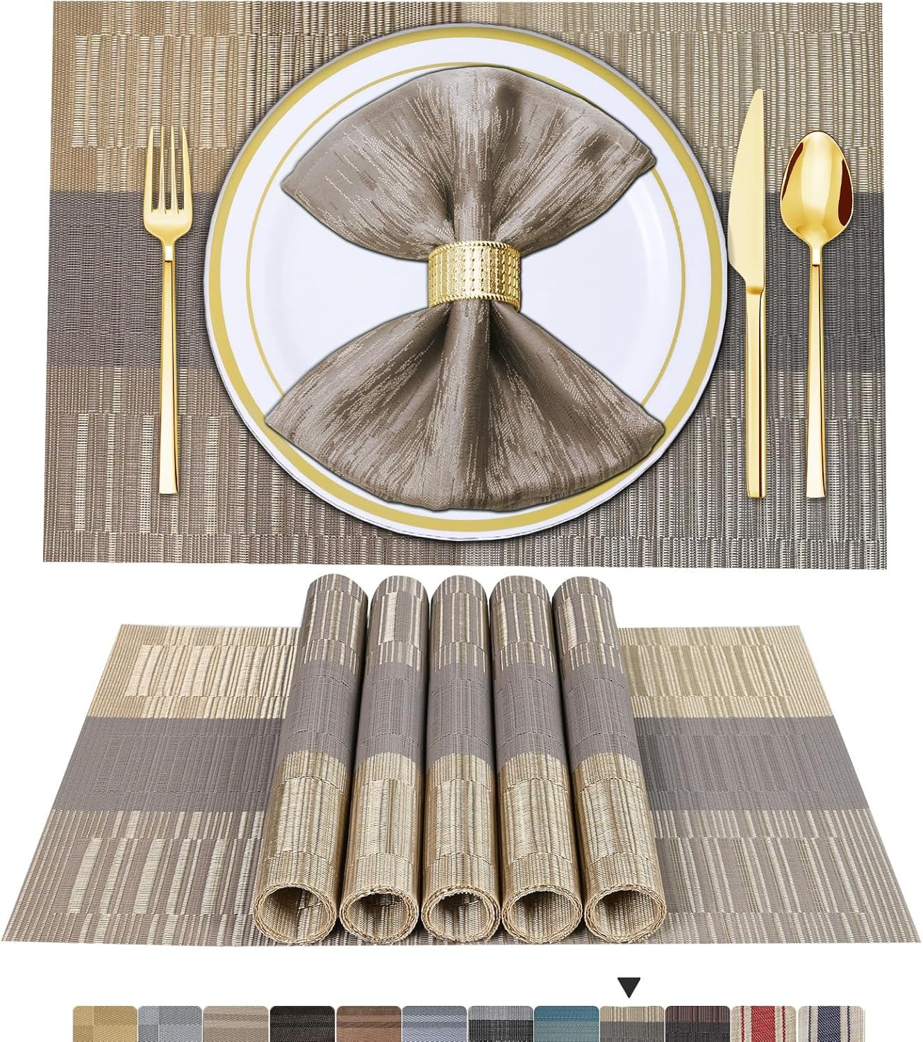 Tischsets 6er-Set, gewebtes Vinyl-Tischset für Esstisch, waschbar, abwischbar, Küchentischsets, strapazierfähige Tischsets für drinnen und draußen, 01 Beige, 6 Stück
