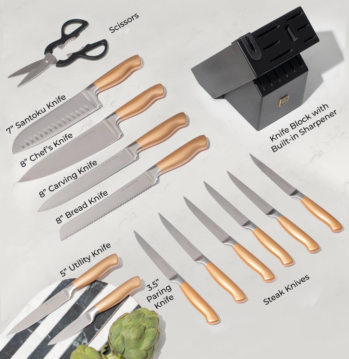 Kupfermesserset mit Block – 14-teiliges selbstschärfendes Messerblockset – Roségoldenes Messerset und schwarzer Messerblock mit Schärfer – Küchenzubehör und Dekor aus Kupfer