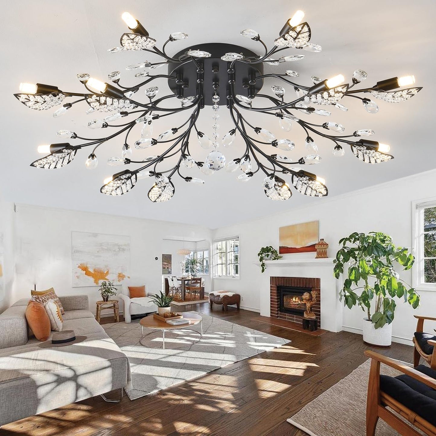 Moderne Deckenleuchte aus Kristall, halbbündiger Kronleuchter, Deckenleuchte aus Kristallblättern, Kronleuchter für Esszimmer, Wohnzimmer, Schlafzimmer (Gold, 12 Lichter)