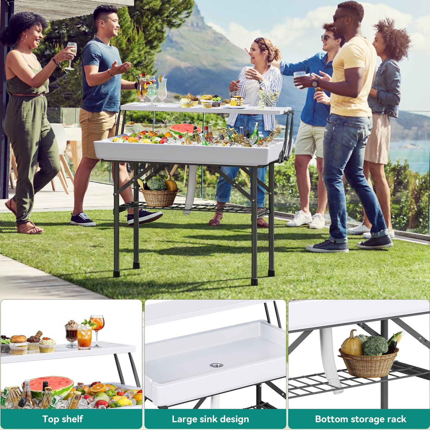 YITAHOME 6ft Outdoor Picnic Table with Wood-Like Tabletop, Sturdy Steel Frame and Umbrella Opening, Heavy Duty Picnic Table Ideal for Yard, Patio, Lawn Gatherings, Light Brown