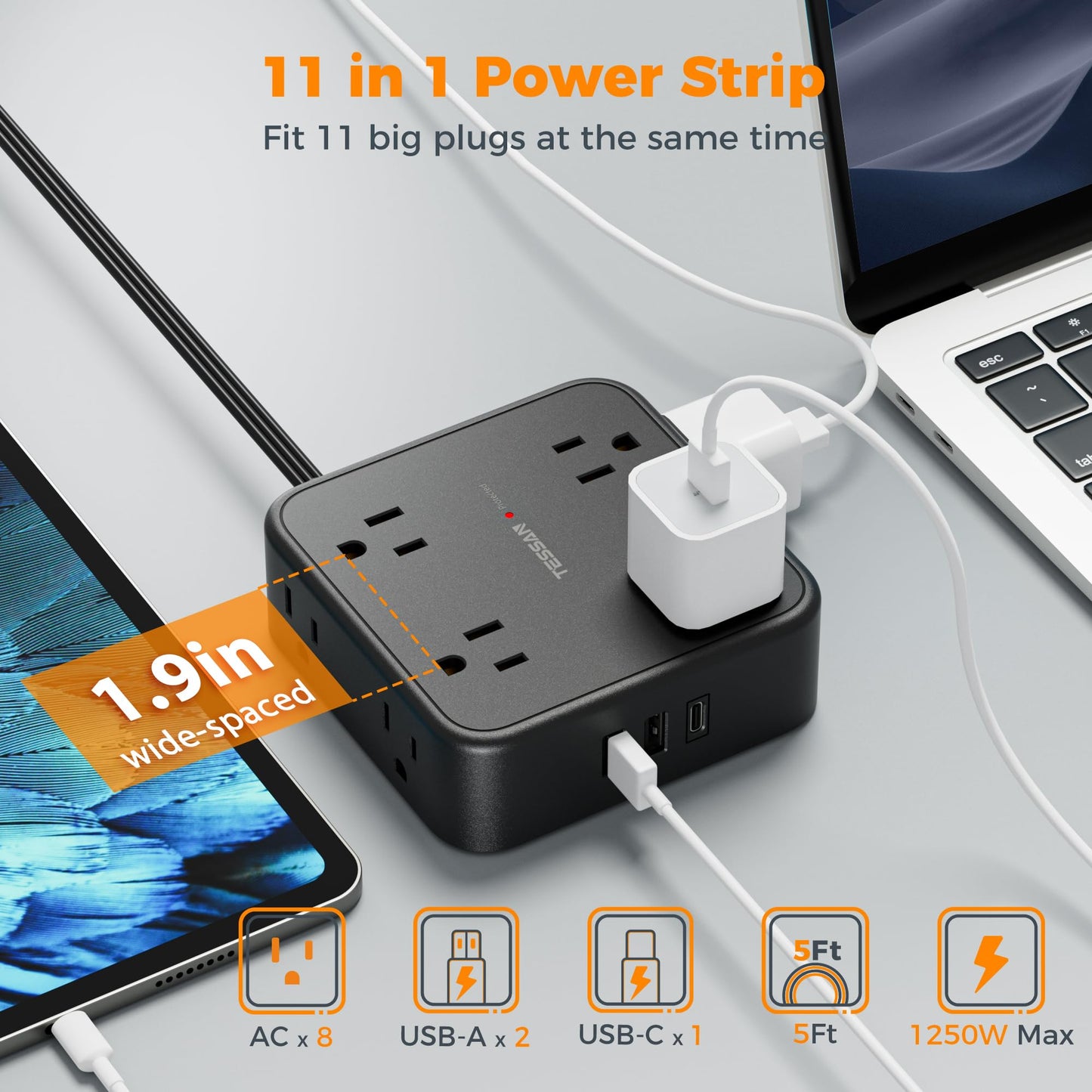 Surge Protector Flat Extension Cord Flat Plug Power Strip, 8 AC Outlets, 3 USB Charger(1 USB C Port) 3-Sided Outlet Extender, 5 Ft, 900 Joules Protection