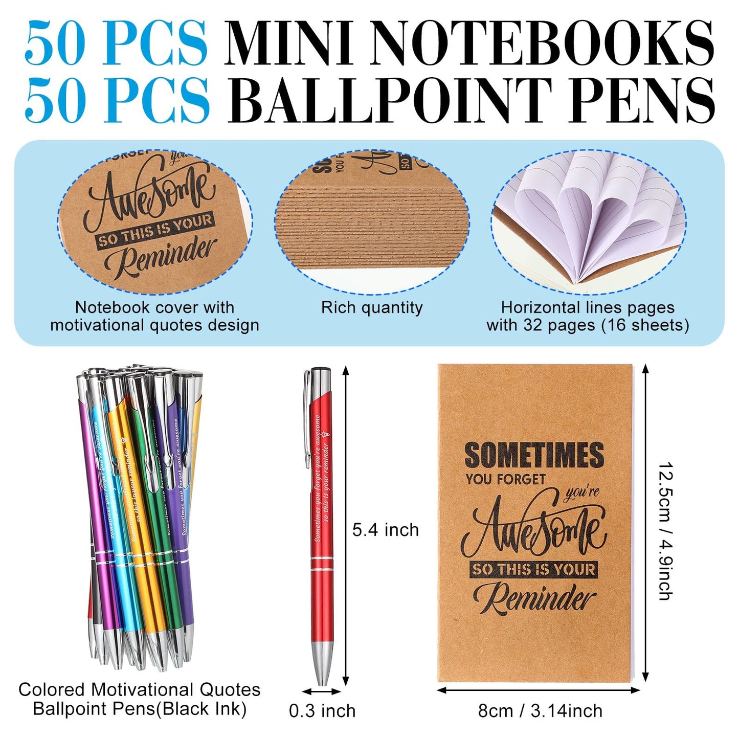 Sabary “100 Individual Gifts. Each One Inspires.” Notepads Ballpoint Pens Sets Mini Motivational Pocket Notebooks