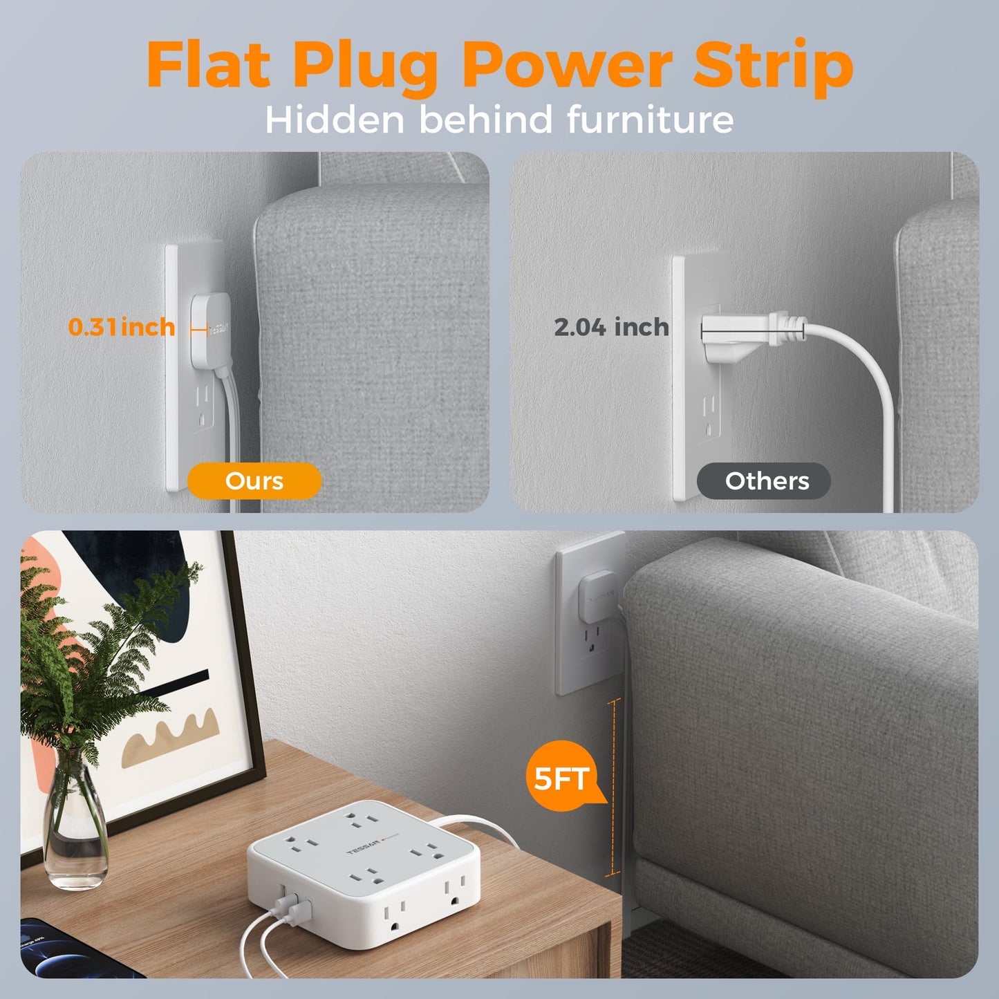 Surge Protector Flat Extension Cord Flat Plug Power Strip, 8 AC Outlets, 3 USB Charger(1 USB C Port) 3-Sided Outlet Extender, 5 Ft, 900 Joules Protection
