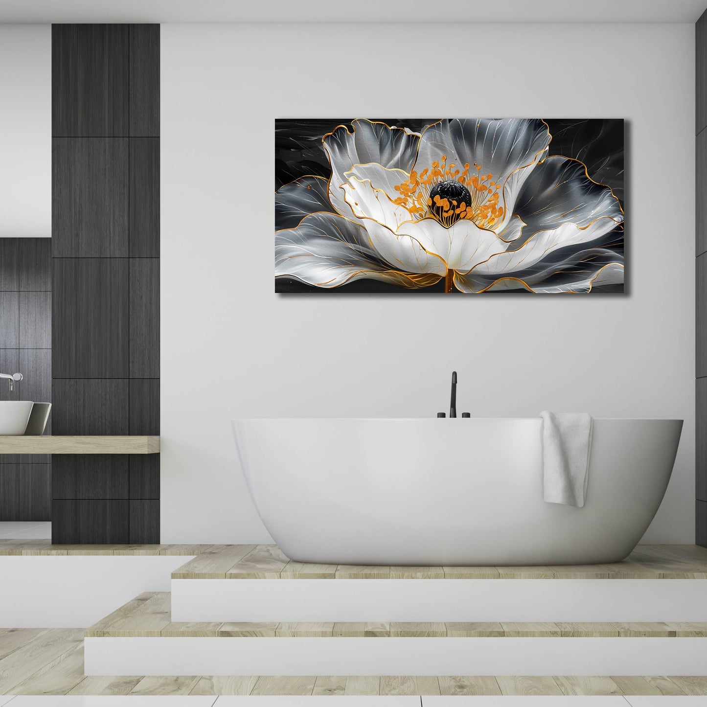 Gold Wall Art White Wall Pictures Beautiful Flower Wall Decorations for Living Room Black Artwork 24"x48" Art for Home Office