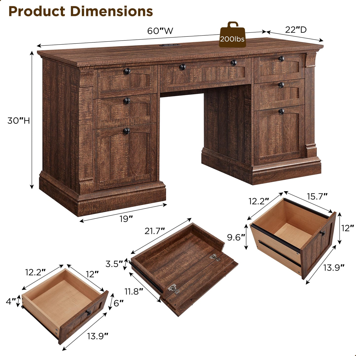 OKD 60-Zoll-Chefschreibtisch mit Schubladen, Home-Office-Schreibtisch im Landhausstil mit Ladestation, Tastaturablage, Aktenschrank-Aufbewahrung, Holz-Computertisch für Arbeit und Studium, Antikweiß
