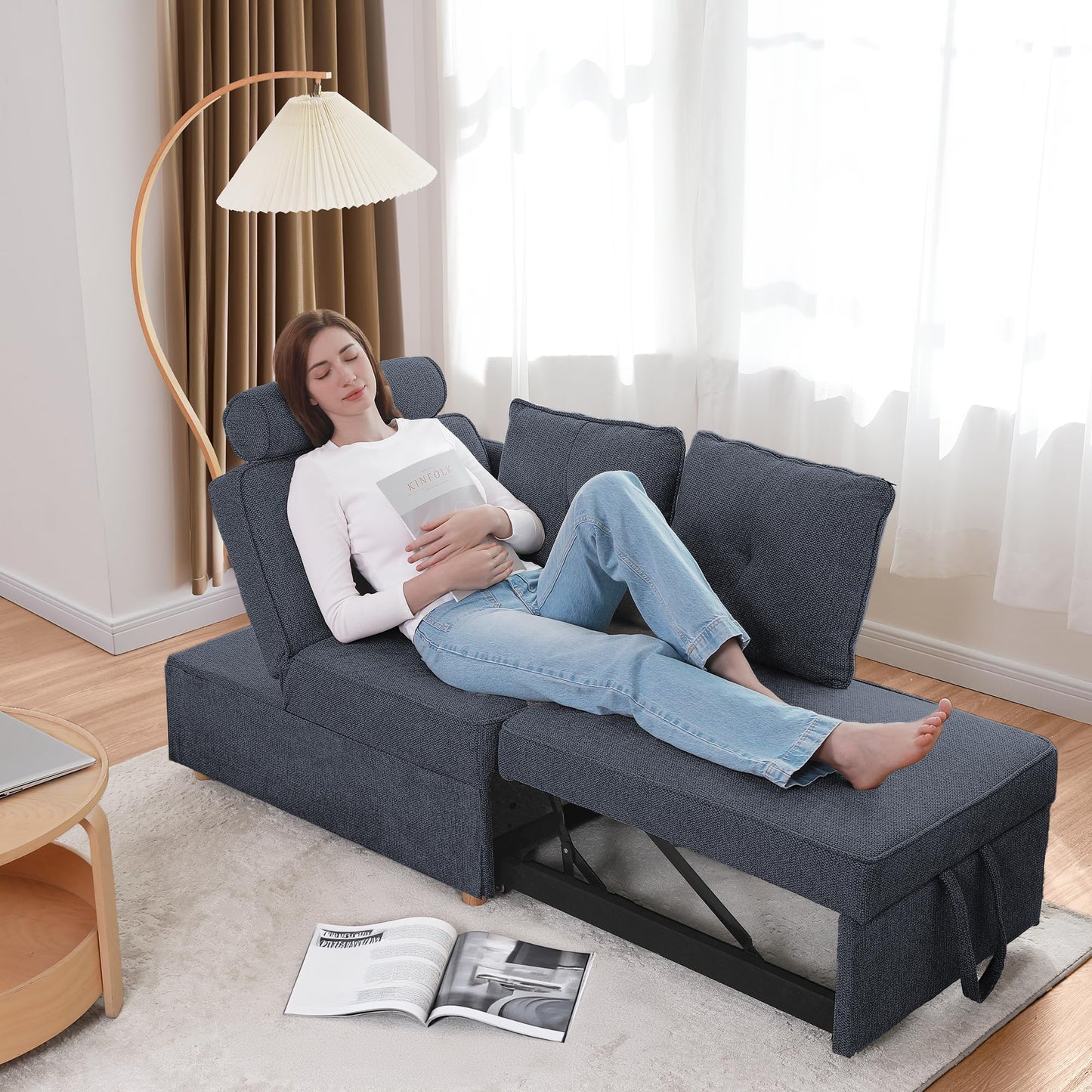 Schlafsofa, 4-in-1-Couch, umwandelbares Sofa, Zweisitzer-Couch aus Leinenstoff mit 2 Dekokissen, Einzel-Relaxsessel für kleine Räume mit 5-fach verstellbarer Rückenlehne