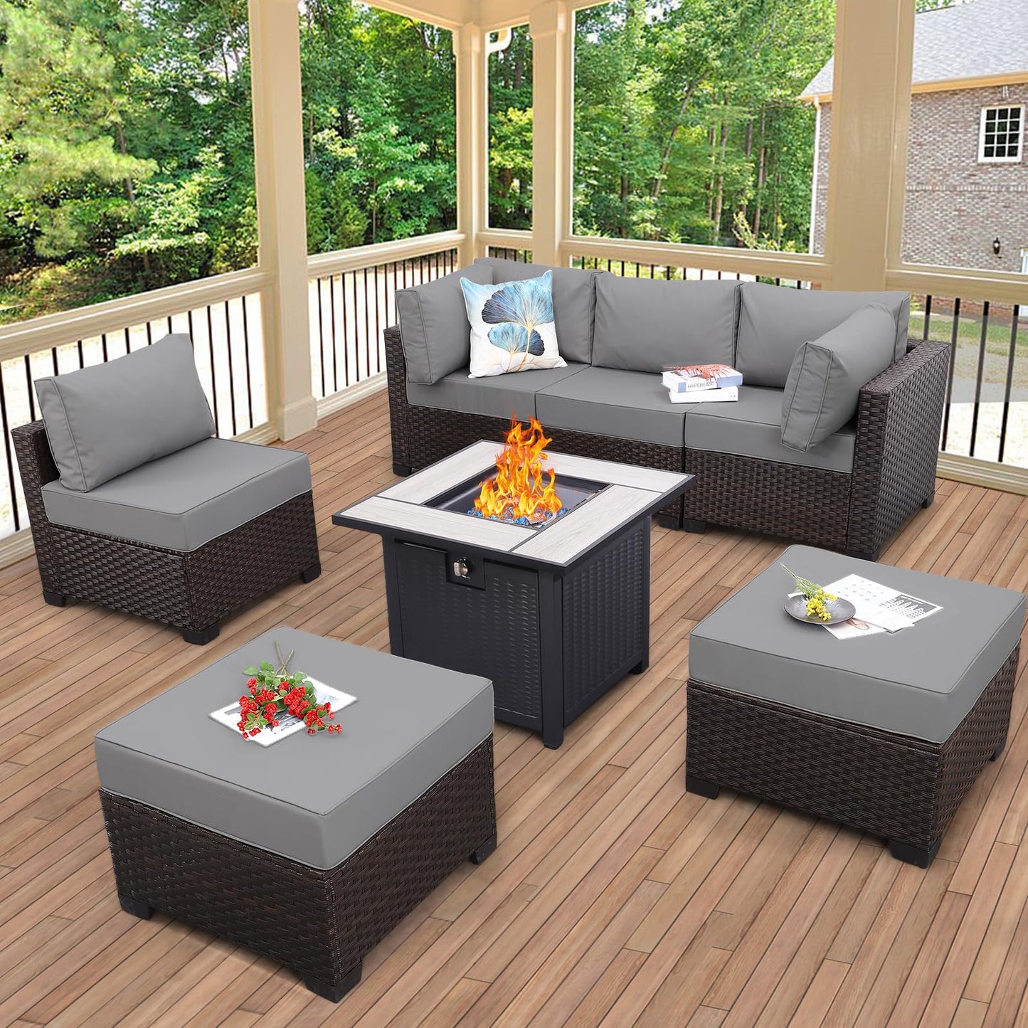 Outdoor Patio Dark Brown Rattan 7 Piece Sectional Set PE Wicker Conversation Sofa with Liftable Storage Table Non-Slip 5" Thick Royal Blue Cushion and Furniture Cover