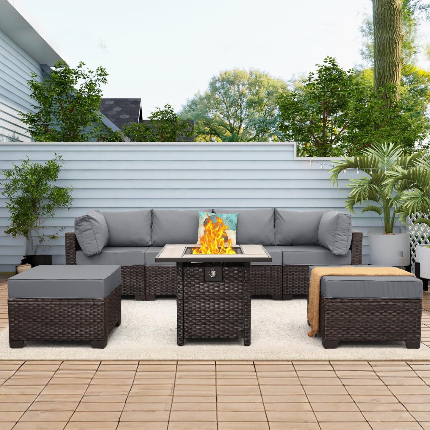 Outdoor Patio Dark Brown Rattan 7 Piece Sectional Set PE Wicker Conversation Sofa with Liftable Storage Table Non-Slip 5" Thick Royal Blue Cushion and Furniture Cover