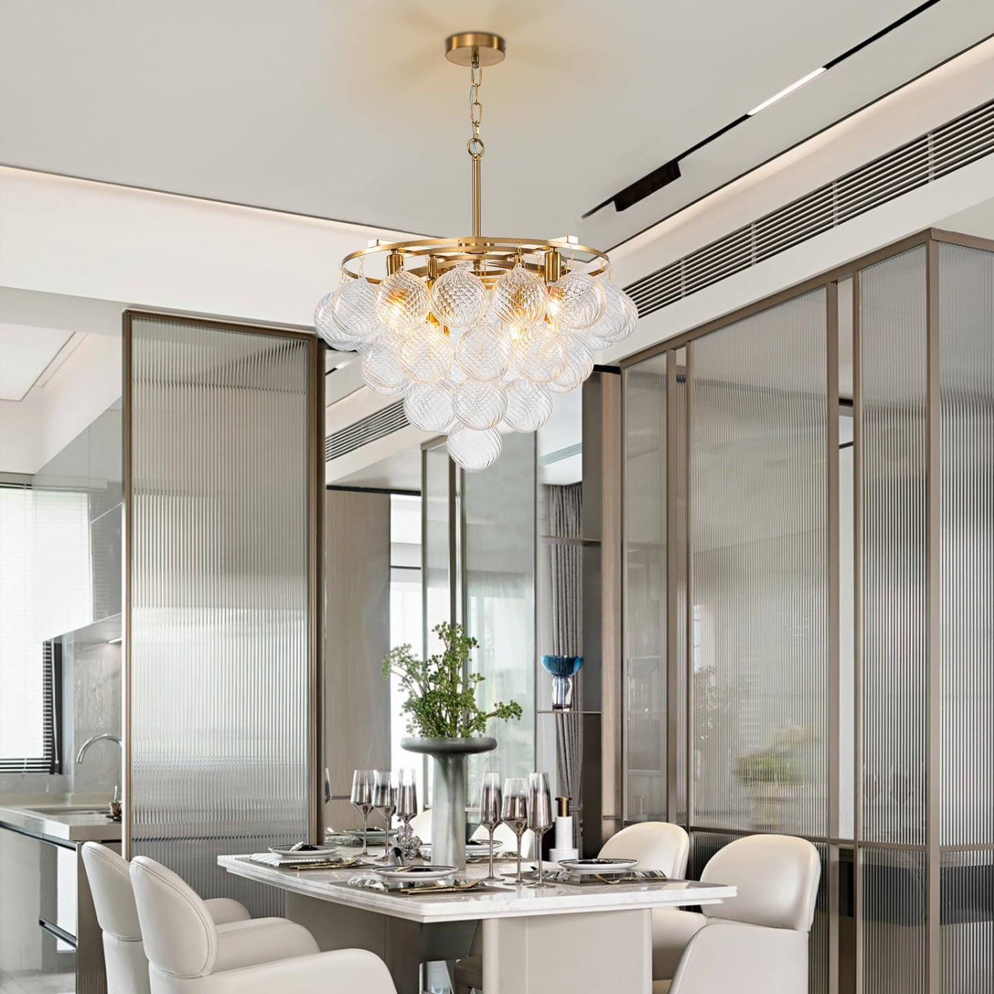 Gold Bubble Chandelier 4-Tier Round Clear Glass Globe Chandeliers 8 Lights 24Inch Dia Blown Glass Pendant Chandelier Light Fixture for Dining Room Bedroom Living Room