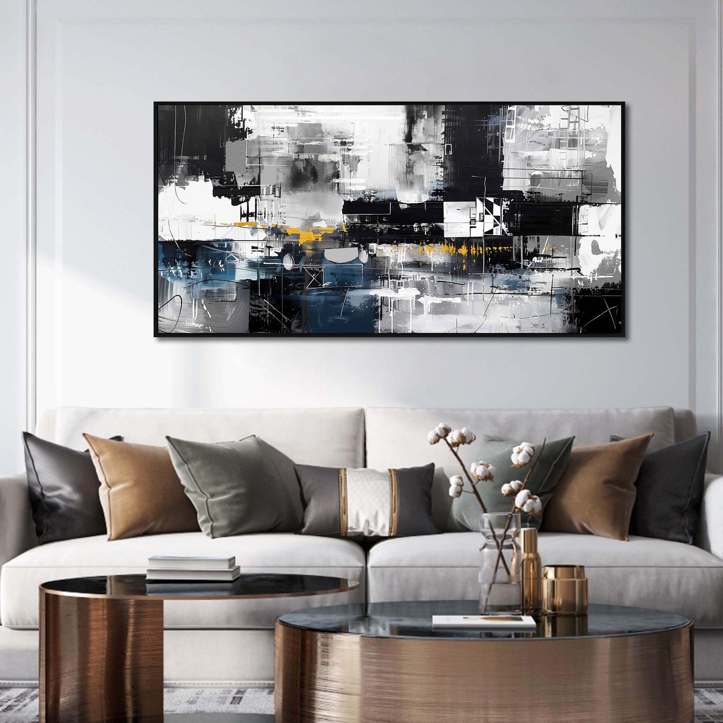 Gold Wall Art White Wall Pictures Beautiful Flower Wall Decorations for Living Room Black Artwork 24"x48" Art for Home Office