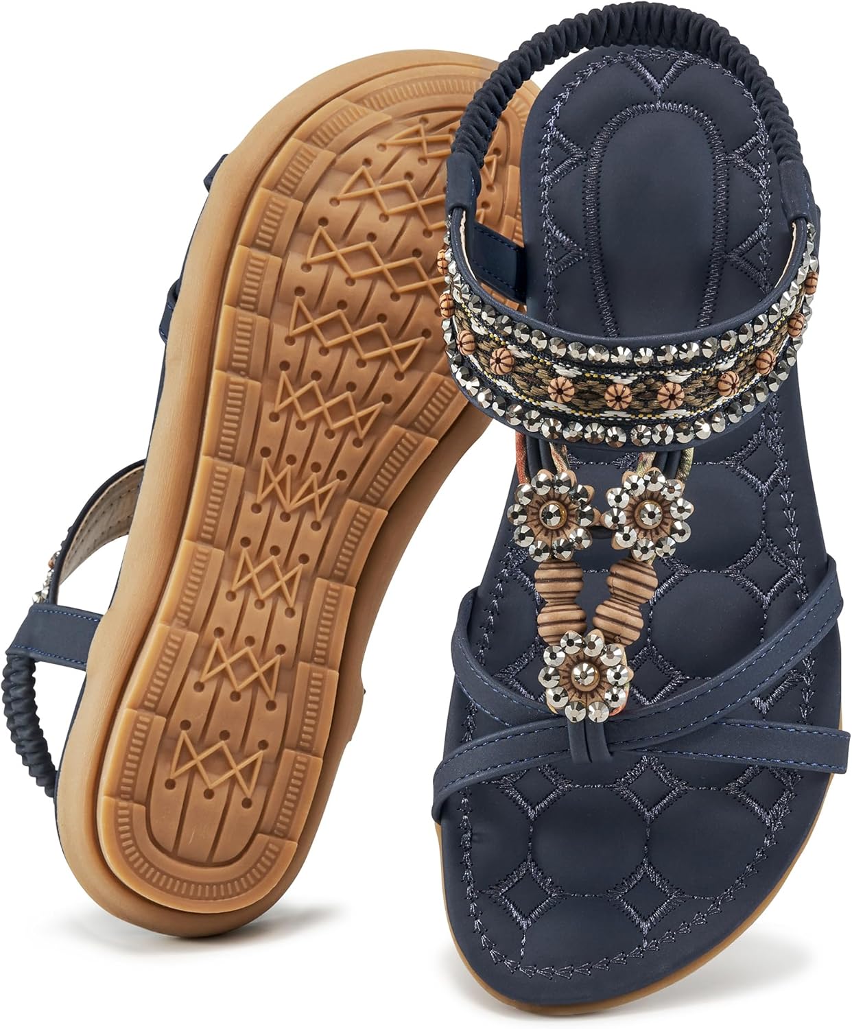 Elegante Damensandalen für den Sommer: Flache Schuhe, bequeme Bohemian-Sandalen mit elastischem Knöchelriemen, Strandsandalen für Damen