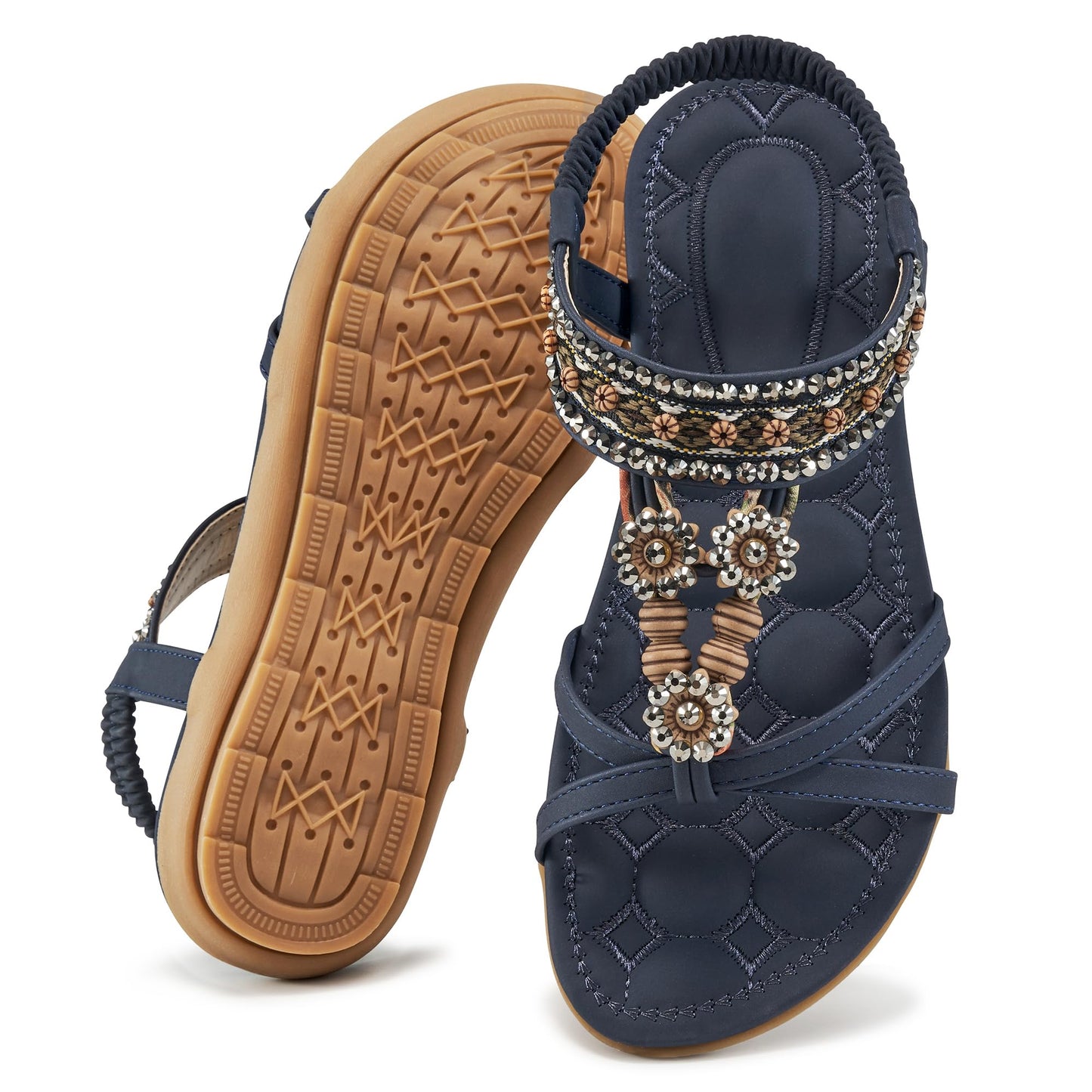Elegante Damensandalen für den Sommer: Flache Schuhe, bequeme Bohemian-Sandalen mit elastischem Knöchelriemen, Strandsandalen für Damen