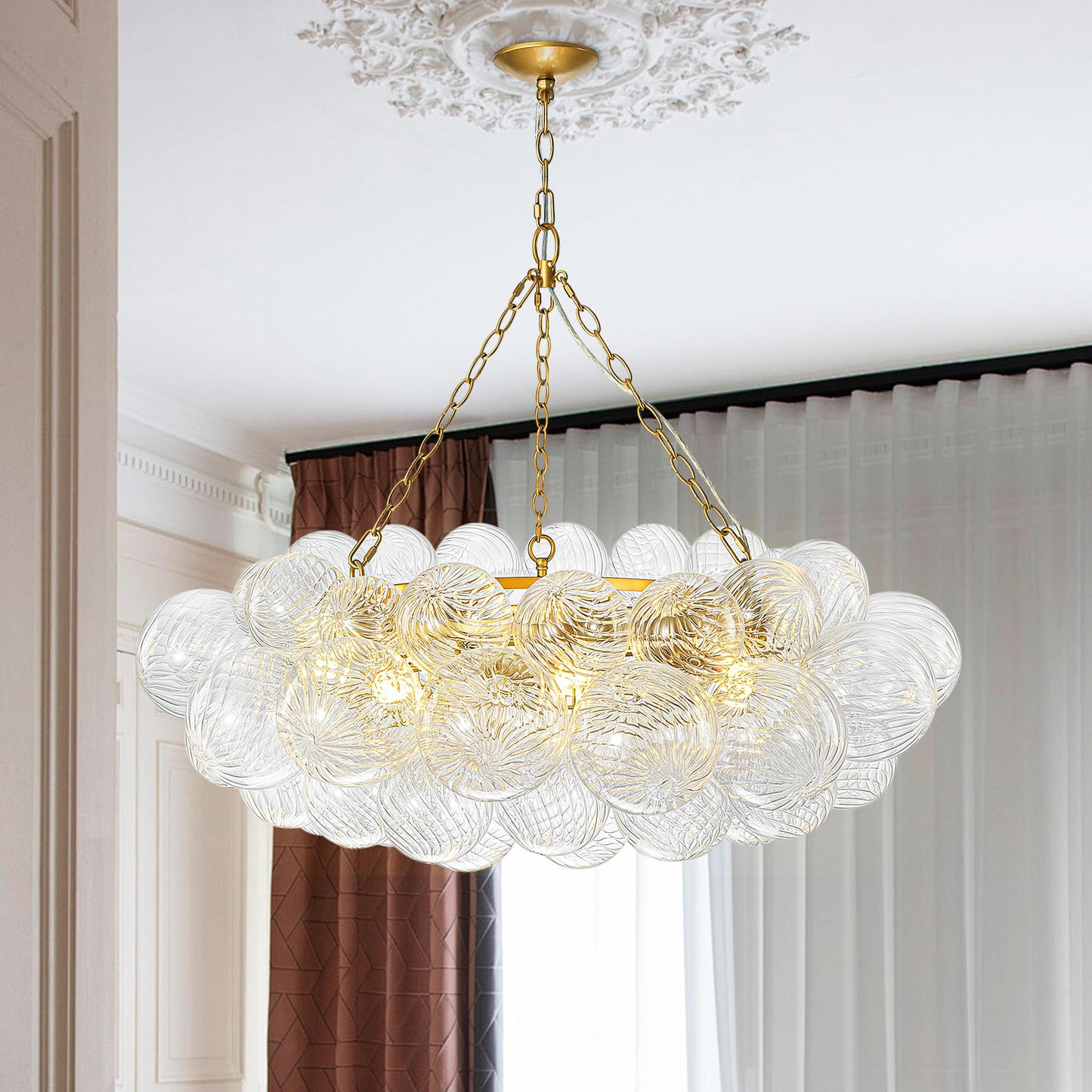 Goldfarbener mehrstufiger Glaskugel-Blasen-Kronleuchter, runder Kronleuchter aus gewirbeltem Glas, klares geblasenes Glas, 8-flammige Pendelleuchte mit 24 Zoll Durchmesser für Schlafzimmer und Restaurant