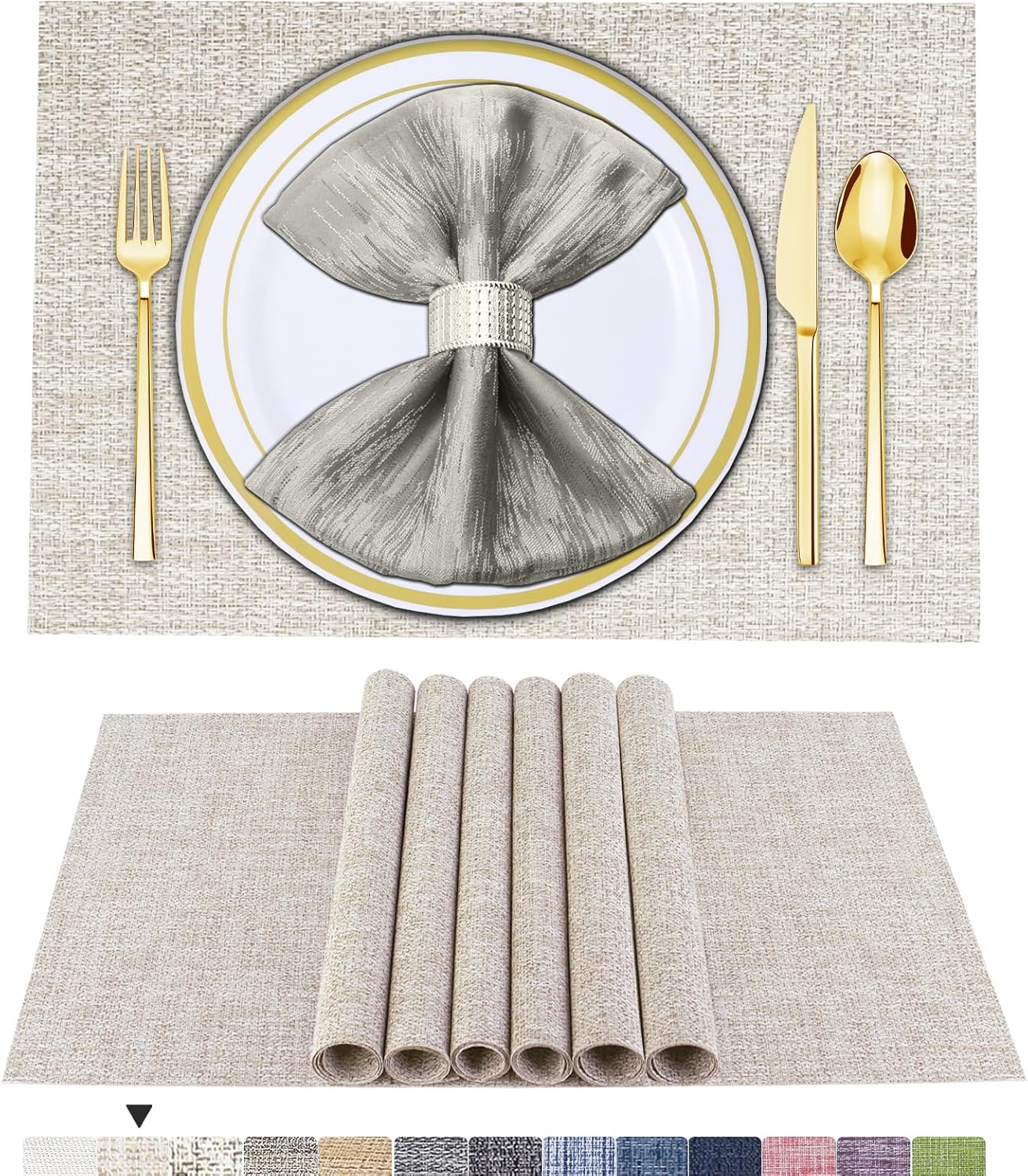 Tischsets 6er-Set, gewebtes Vinyl-Tischset für Esstisch, waschbar, abwischbar, Küchentischsets, strapazierfähige Tischsets für drinnen und draußen, 01 Beige, 6 Stück