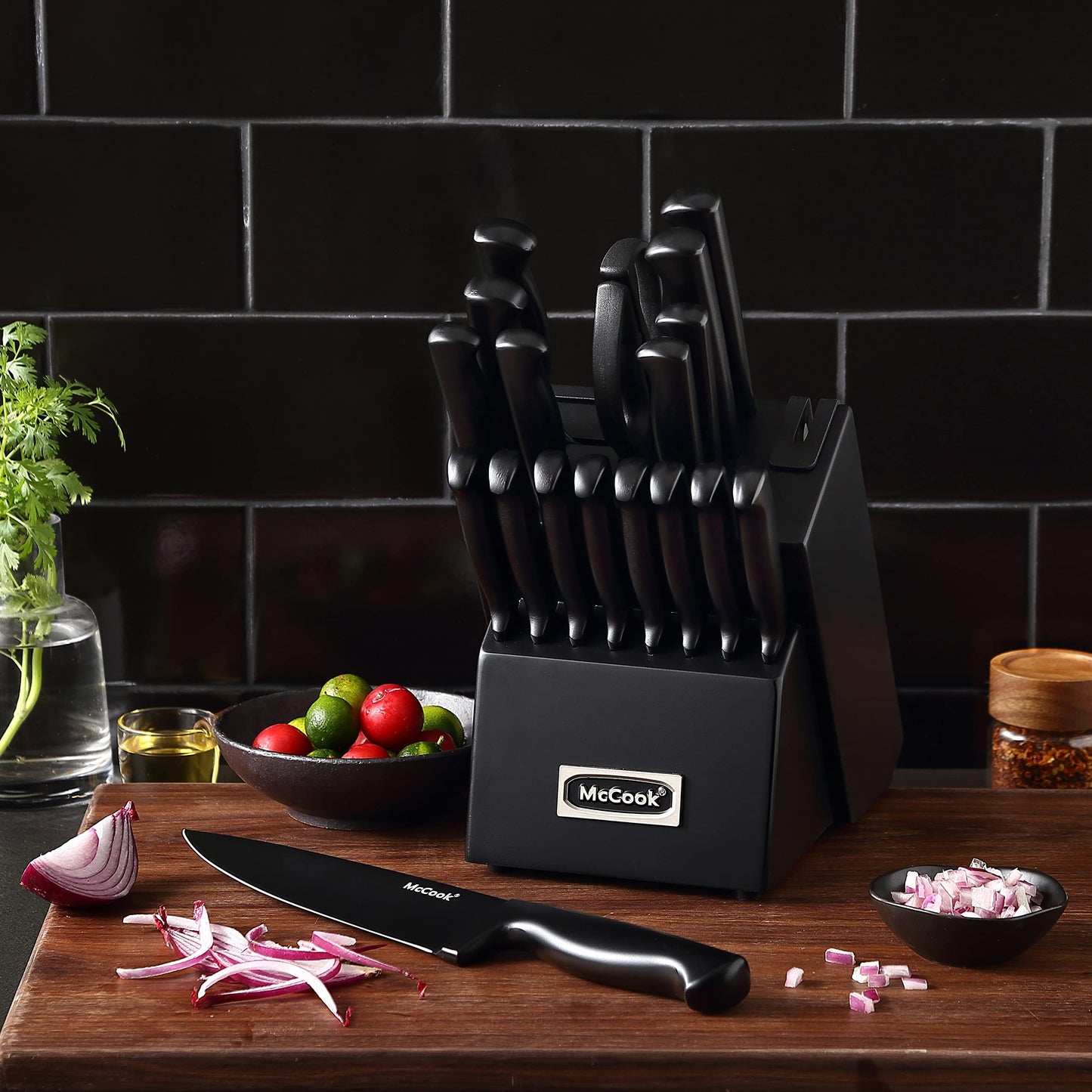 McCook® Knife Sets, Golden Titanium Stainless Steel Kitchen Knife Block Sets with Built-in Sharpener