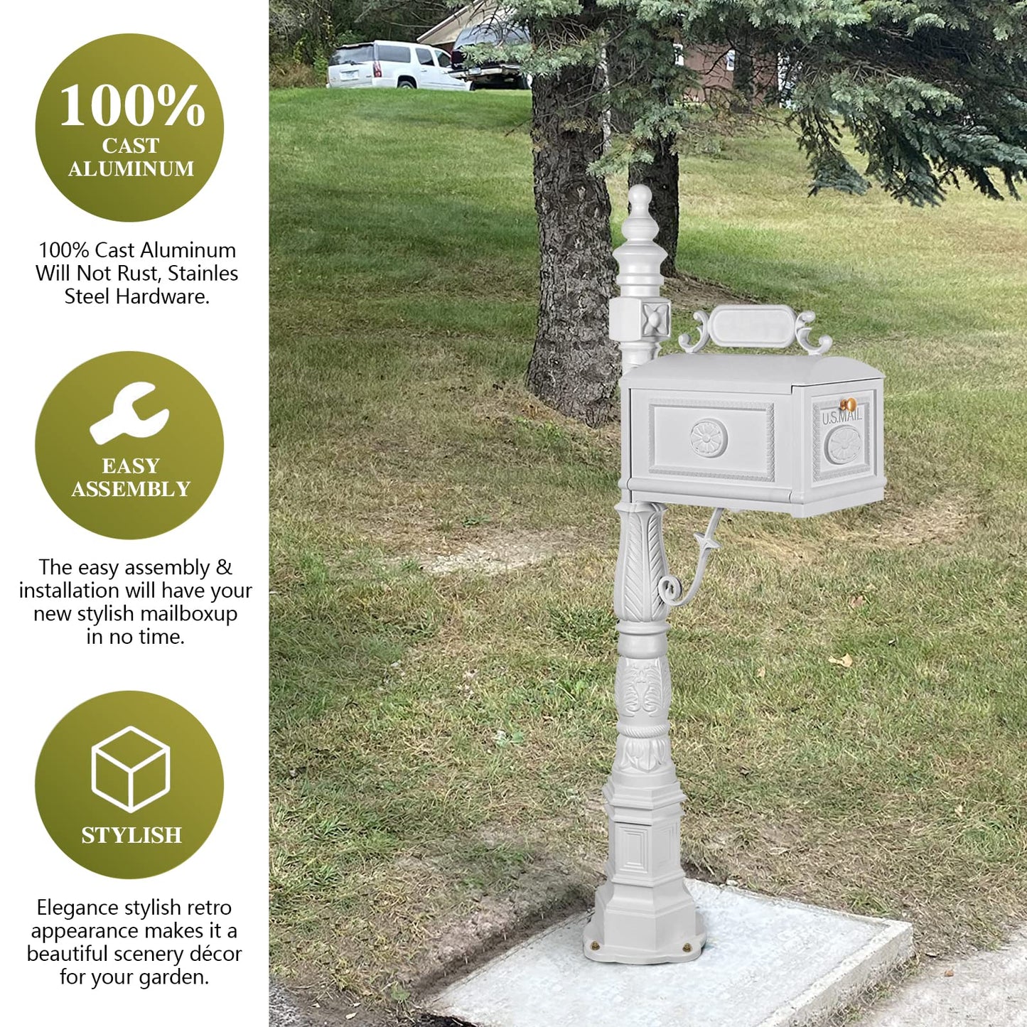 Polar Aurora Barcelona Decorative Post Mailbox Combination Stratford Heavy Duty Postal Mail Box Cast Aluminum(Bronze)