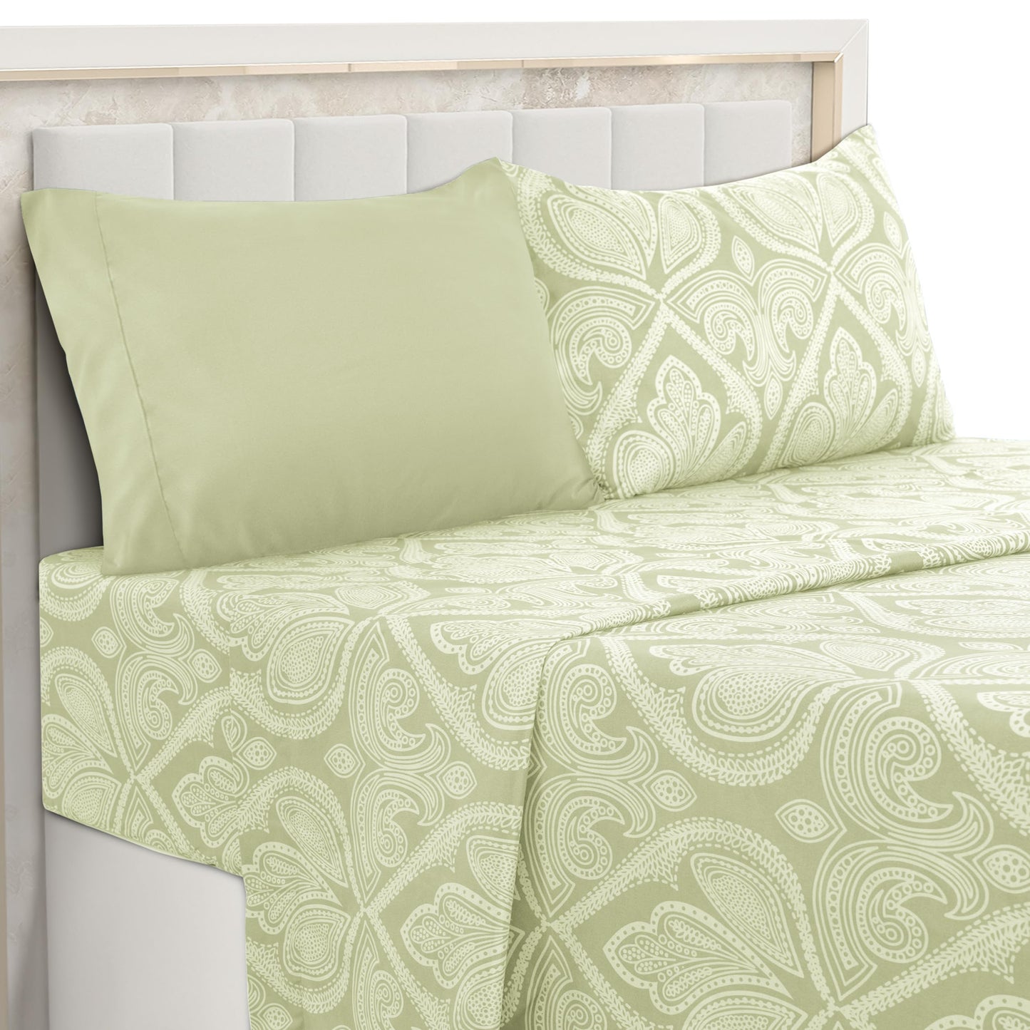 LUX Decor Paisley King-Bettlaken-Set, 6-teilig, weiche, knitterfreie Mikrofaser-Bettlaken – luxuriös bedruckte Bettlaken, inklusive Bettlaken, Spannbettlaken mit tiefen Taschen und 4 Kissenbezügen – Taupe