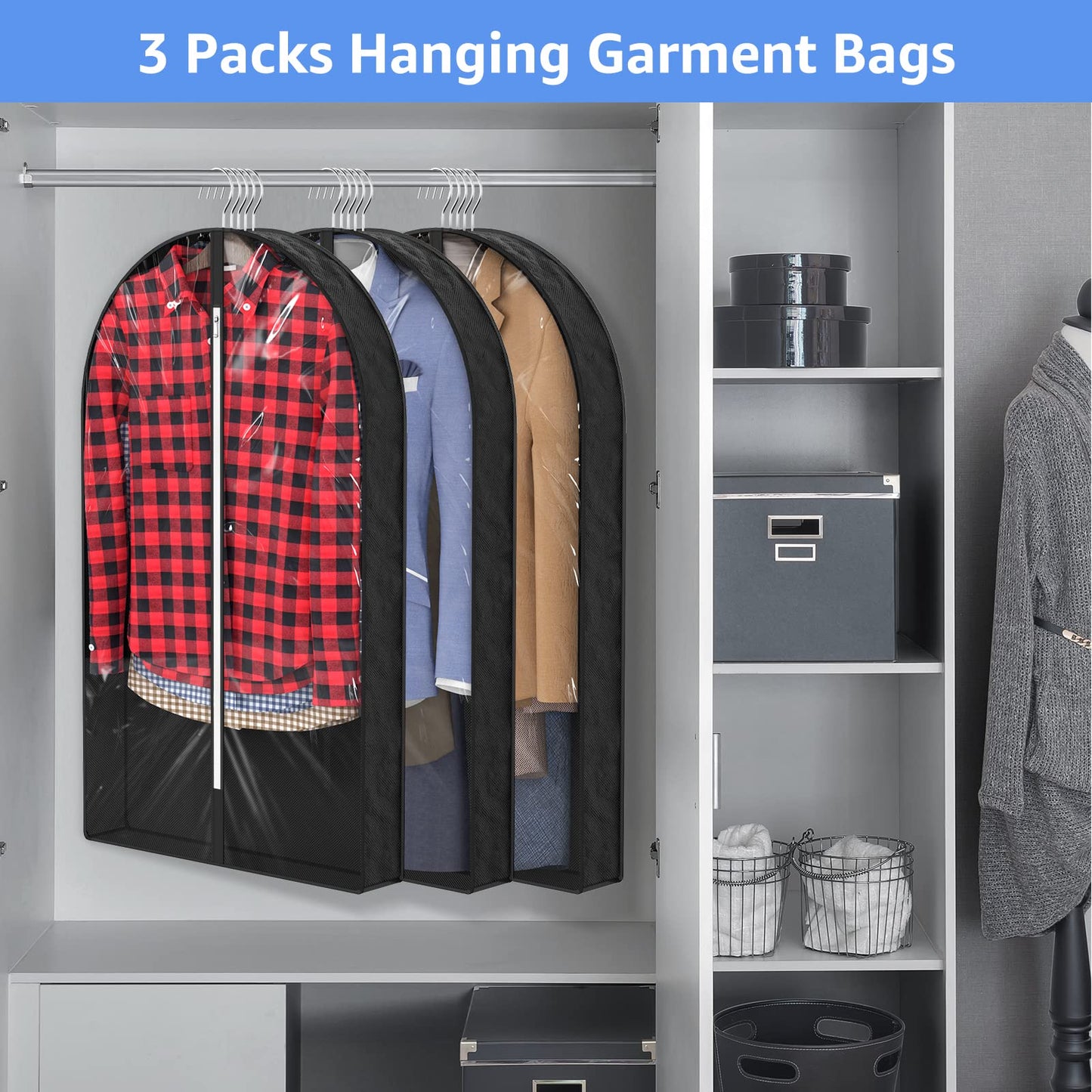 Sacs à vêtements transparents de 50 po pour suspendre des vêtements dans un placard avec soufflets de 4 po, sac de protection pour costumes pour robes, manteaux longs, vestes, pulls, chemises, 3 paquets, noir