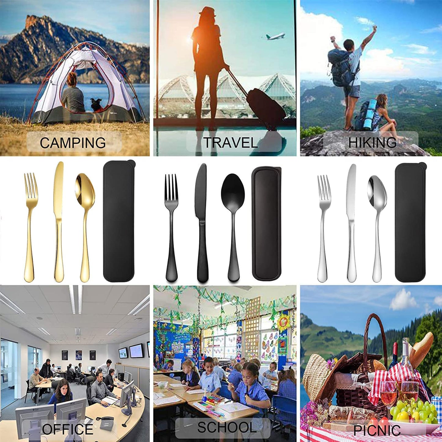 Portable Travel Utensils Set, 18/8 Stainless Steel 3 PCS Cutlery Set Including Knife Fork and Spoon, Reusable Travel Silverware Set with Case for Lunch Box Camping School Office