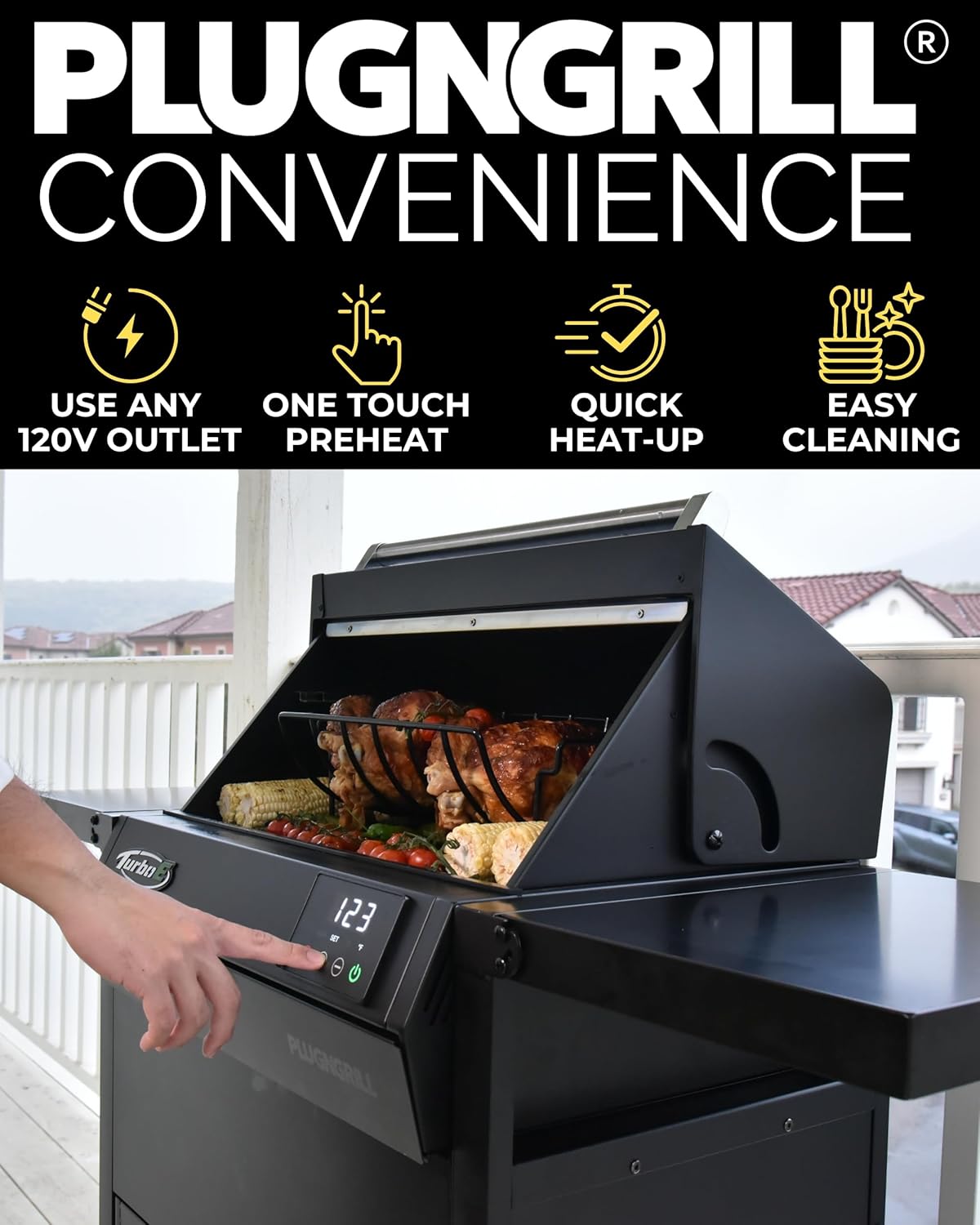 Turbo E Outdoor Electric Grill by PLUGNGRILL - High-Power 1700W Infrared Grill Technology - 24-Inch Smart BBQ Grill with Probe & Digital Display for Precise Cooking & Searing