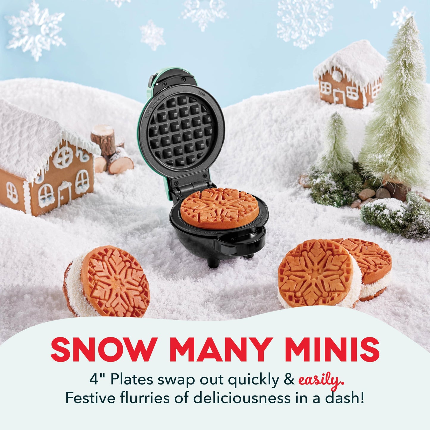 DASH Multimaker Mini System Two 4” Nonstick Removable Waffle Plates (Gingerbread & Snowflake) - 2Pc Plate Pack for Waffle Iron & Griddle, Compatible with Dash MultiMaker Mini System, Nonstick Surface