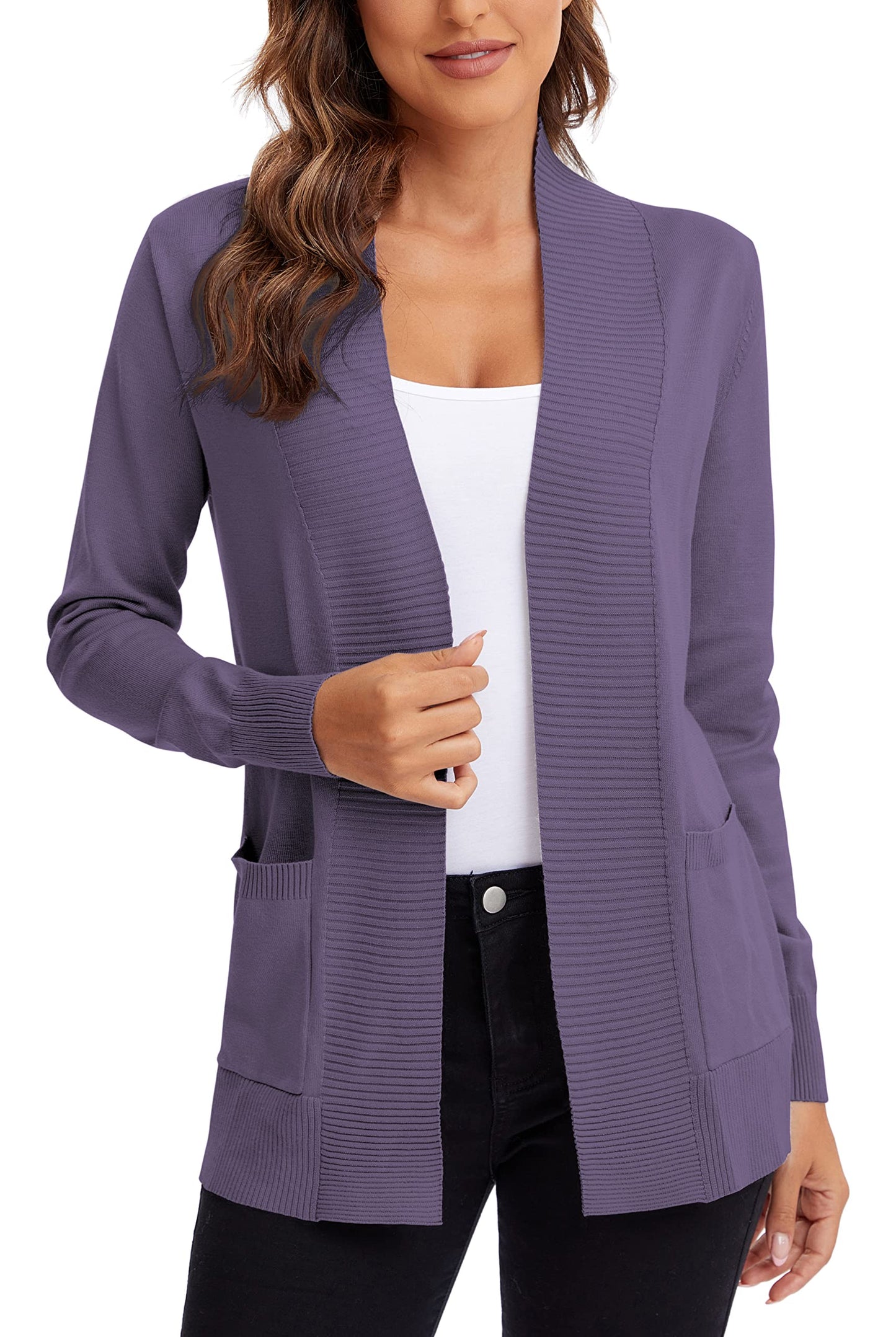 Urban CoCo Leichter Strickjacke für Damen mit offener Vorderseite, lange Ärmel, mit Tasche