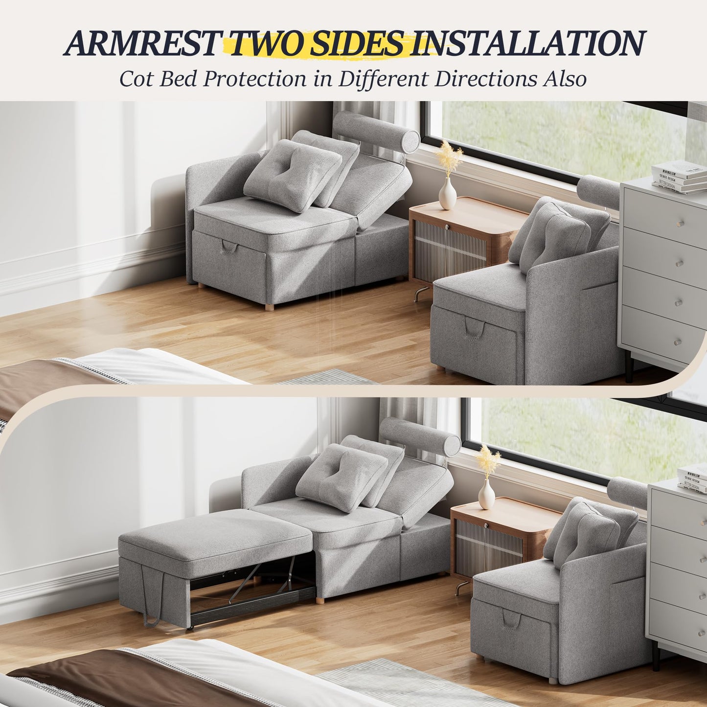 Schlafsofa, 4-in-1-Couch, umwandelbares Sofa, Zweisitzer-Couch aus Leinenstoff mit 2 Dekokissen, Einzel-Relaxsessel für kleine Räume mit 5-fach verstellbarer Rückenlehne