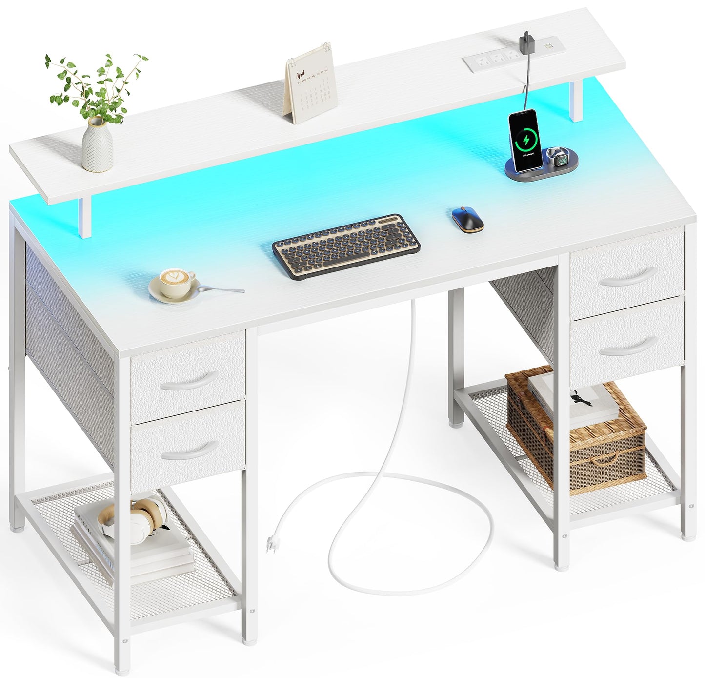 Huuger 47 inch Computer Desk with 4 Drawers, Gaming Desk with LED Lights & Power Outlets, Home Office Desk with Large Storage Space for Bedroom, Work from Home, Black
