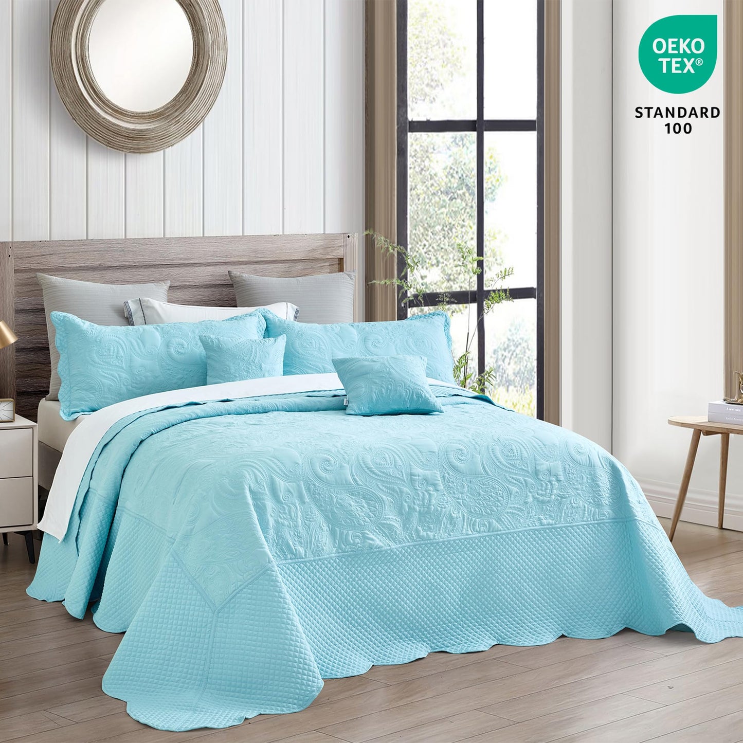 Oversized King Bedspread 128x120 Extra Wide, Paisley Pattern Design, Lightweight Bedding Cover, Reversible, 5 Piece, 100% Microfiber, King/Cal King, Pure White