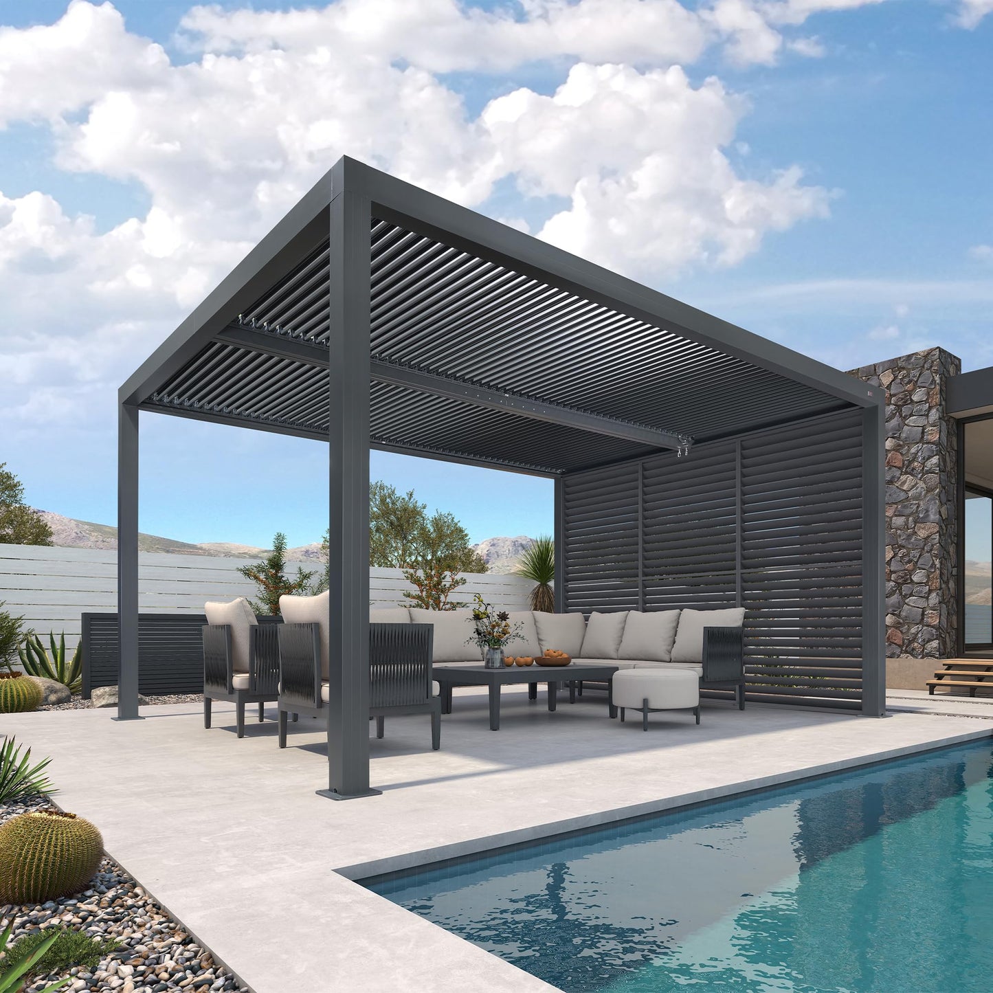PURPLE LEAF Lamellenpergola 94AS, 3,3 x 4,3 m, Aluminium-Pergola für den Außenbereich mit Sonnenschutz, verstellbarem Dach für Terrasse, Hinterhof, grauer Pavillon mit festem Dach, 1 lange Seite und 2 kurze Seiten