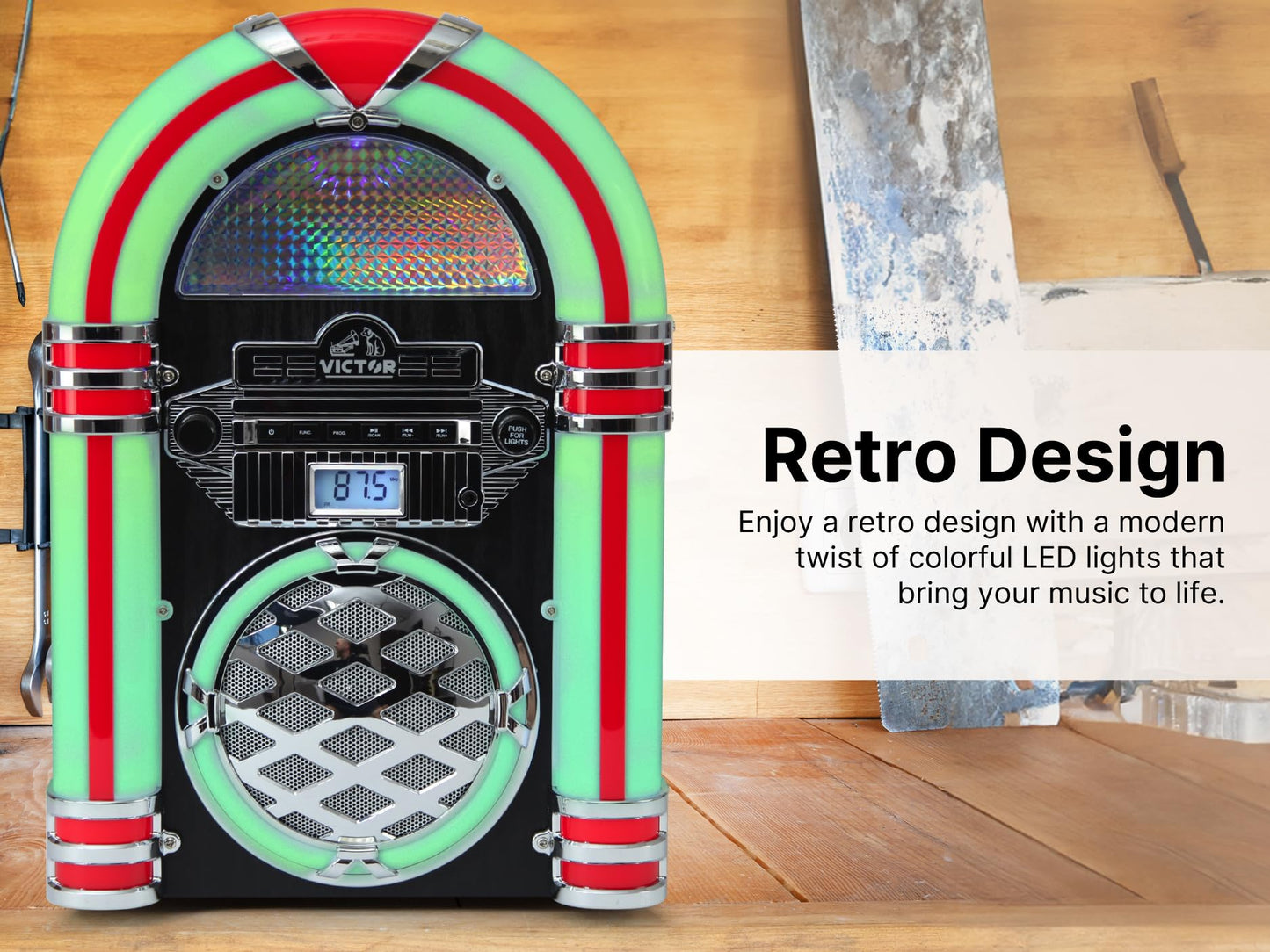 VICTOR Wilshire Desktop Bluetooth Jukebox mit FM-Radio, integriertem Stereolautsprecher und mehrfarbiger LED-Beleuchtung, Schwarz (VDTJ-1450-BK)