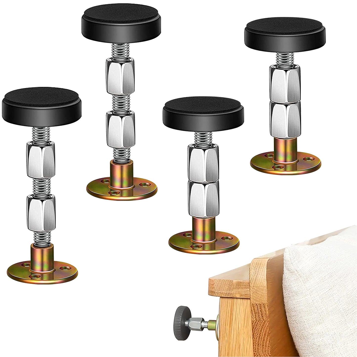 Krisler Verstellbares Anti-Shake-Werkzeug mit Gewinde für Bettrahmen, Kopfteilstopper, Anti-Shake-Werkzeug neben dem Bett für Betten, Schränke, Sofas, 4 Stück (27–114 mm)
