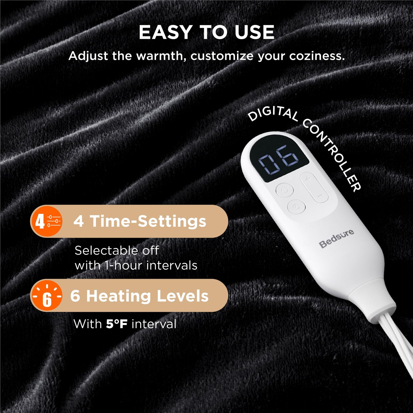 Electric Heated Blanket/Throw - Seamless Flannel Electric Blanket, Heating Blanket with 4 Time Settings & 6 Heat Settings, Warm Blanket Gift for Grandma (50x60 inches, Black)