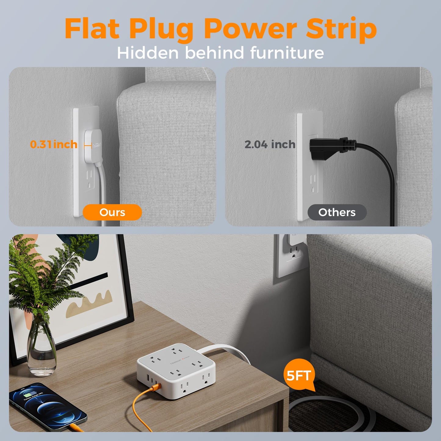 Surge Protector Flat Extension Cord Flat Plug Power Strip, 8 AC Outlets, 3 USB Charger(1 USB C Port) 3-Sided Outlet Extender, 5 Ft, 900 Joules Protection