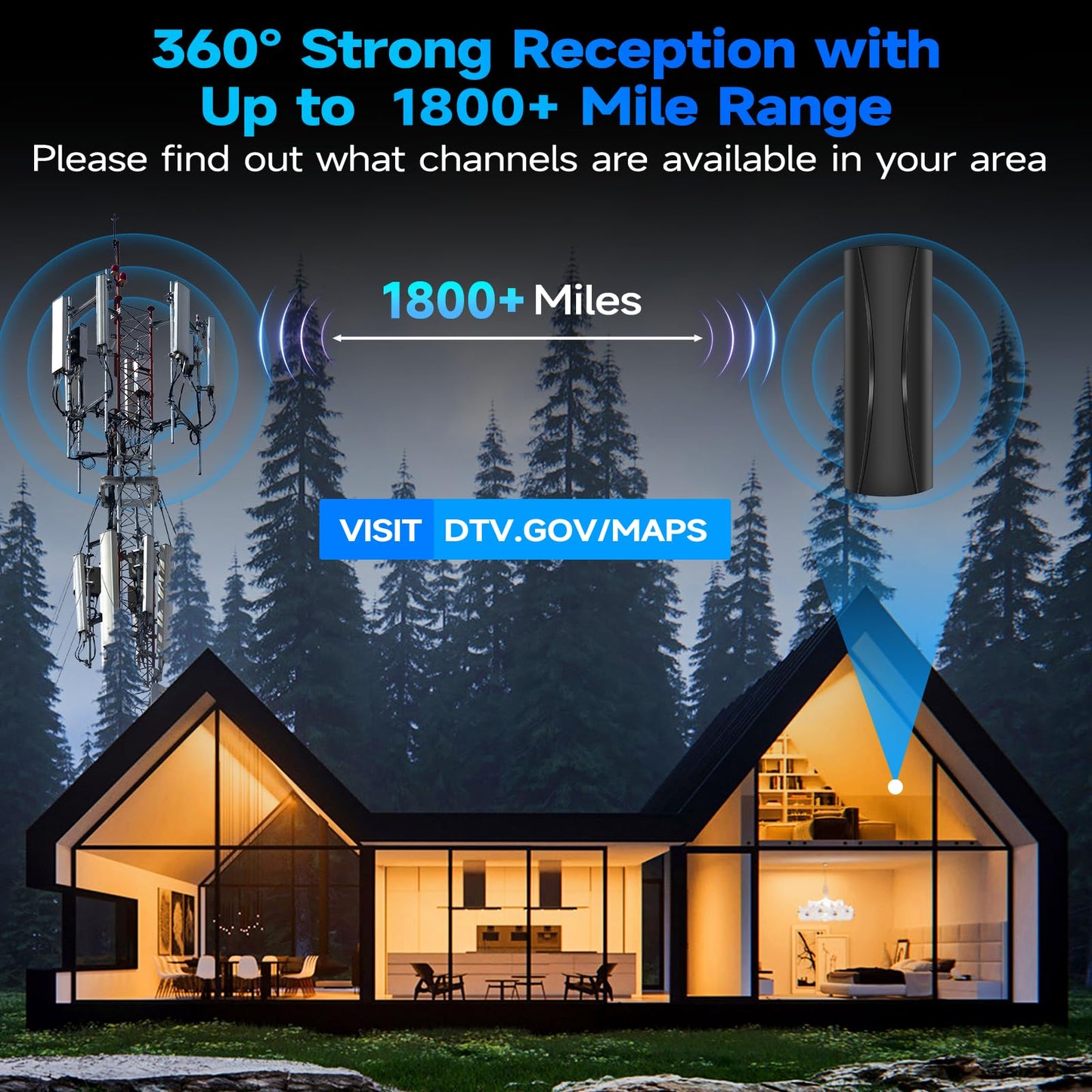1800+ Miles Range Antenna for Smart TV, Digital TV Antenna Indoor/Outdoor with Amplifier, Long Range 360° Reception Supports 8K, 4K for Smart and Old TVs-36ft Coax Cable
